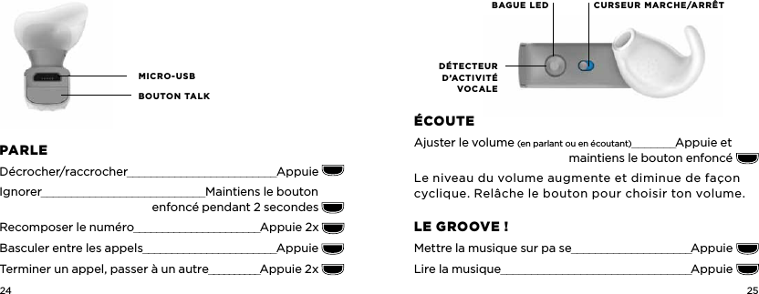24 25MICRO-USBBOUTON TALKBAGUE LEDD&Eacute;TECTEUR D&rsquo;ACTIVIT&Eacute; VOCALECURSEUR MARCHE/ARR&Ecirc;TparLED&eacute;crocher/raccrocher_________________________Appuie Ignorer___________________________Maintiens le bouton                                enfonc&eacute; pendant 2secondes   Recomposer le num&eacute;ro______________________Appuie 2x Basculer entre les appels_______________________Appuie Terminer un appel, passer &agrave; un autre__________Appuie 2x &Eacute;couTEAjuster le volume (en parlant ou en &eacute;coutant)_______Appuie et                 maintiens le bouton enfonc&eacute; Le niveau du volume augmente et diminue de fa&ccedil;on cyclique. Rel&acirc;che le bouton pour choisir ton volume.LE groovE!Mettre la musique sur pa se____________________Appuie Lire la musique_______________________________Appuie 
