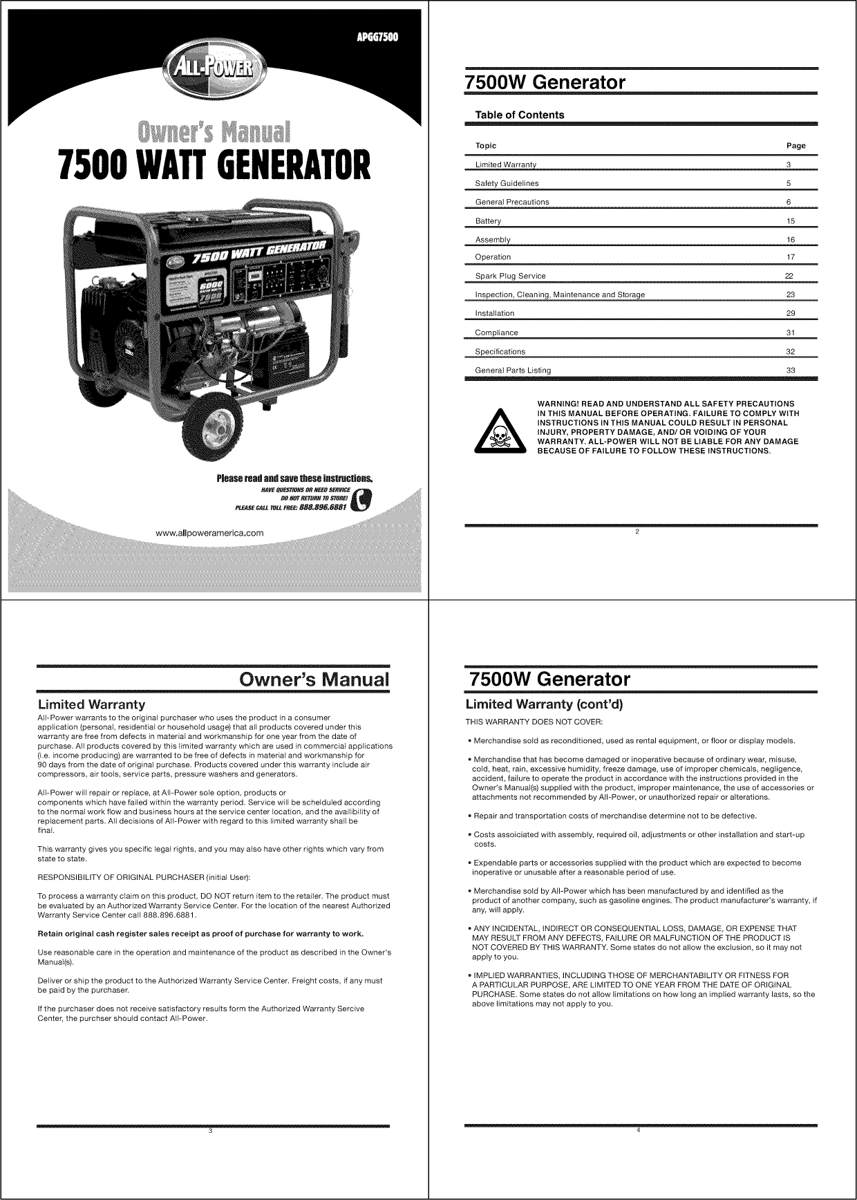 All Power APGG7500 User Manual GENERATOR Manuals And Guides 1110084L