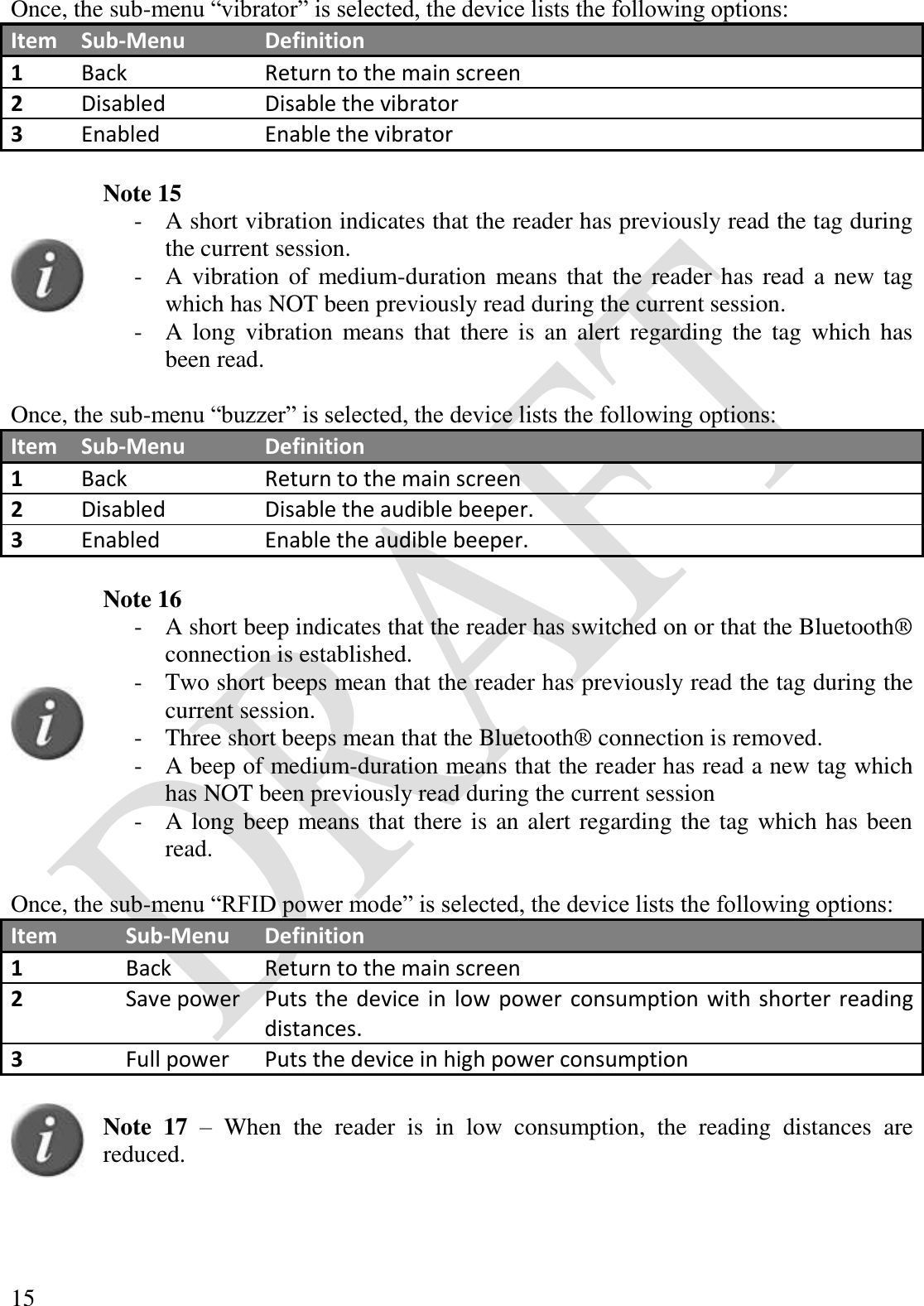  15 Once, the sub-menu “vibrator” is selected, the device lists the following options: Item Sub-Menu Definition 1 Back Return to the main screen 2 Disabled Disable the vibrator 3 Enabled Enable the vibrator   Note 15 - A short vibration indicates that the reader has previously read the tag during the current session. - A vibration of  medium-duration means that the  reader has read  a new tag which has NOT been previously read during the current session. - A  long  vibration  means  that  there  is  an  alert  regarding  the  tag  which  has been read.  Once, the sub-menu “buzzer” is selected, the device lists the following options: Item Sub-Menu Definition 1 Back Return to the main screen 2 Disabled Disable the audible beeper. 3 Enabled Enable the audible beeper.   Note 16 - A short beep indicates that the reader has switched on or that the Bluetooth® connection is established. - Two short beeps mean that the reader has previously read the tag during the current session. - Three short beeps mean that the Bluetooth® connection is removed. - A beep of medium-duration means that the reader has read a new tag which has NOT been previously read during the current session - A long beep means that there is an alert regarding the tag which has been read.  Once, the sub-menu “RFID power mode” is selected, the device lists the following options: Item Sub-Menu Definition 1 Back Return to the main screen 2 Save power Puts the device in low power consumption with shorter reading distances. 3 Full power Puts the device in high power consumption   Note  17 –  When  the  reader  is  in  low  consumption,  the  reading  distances  are reduced.     