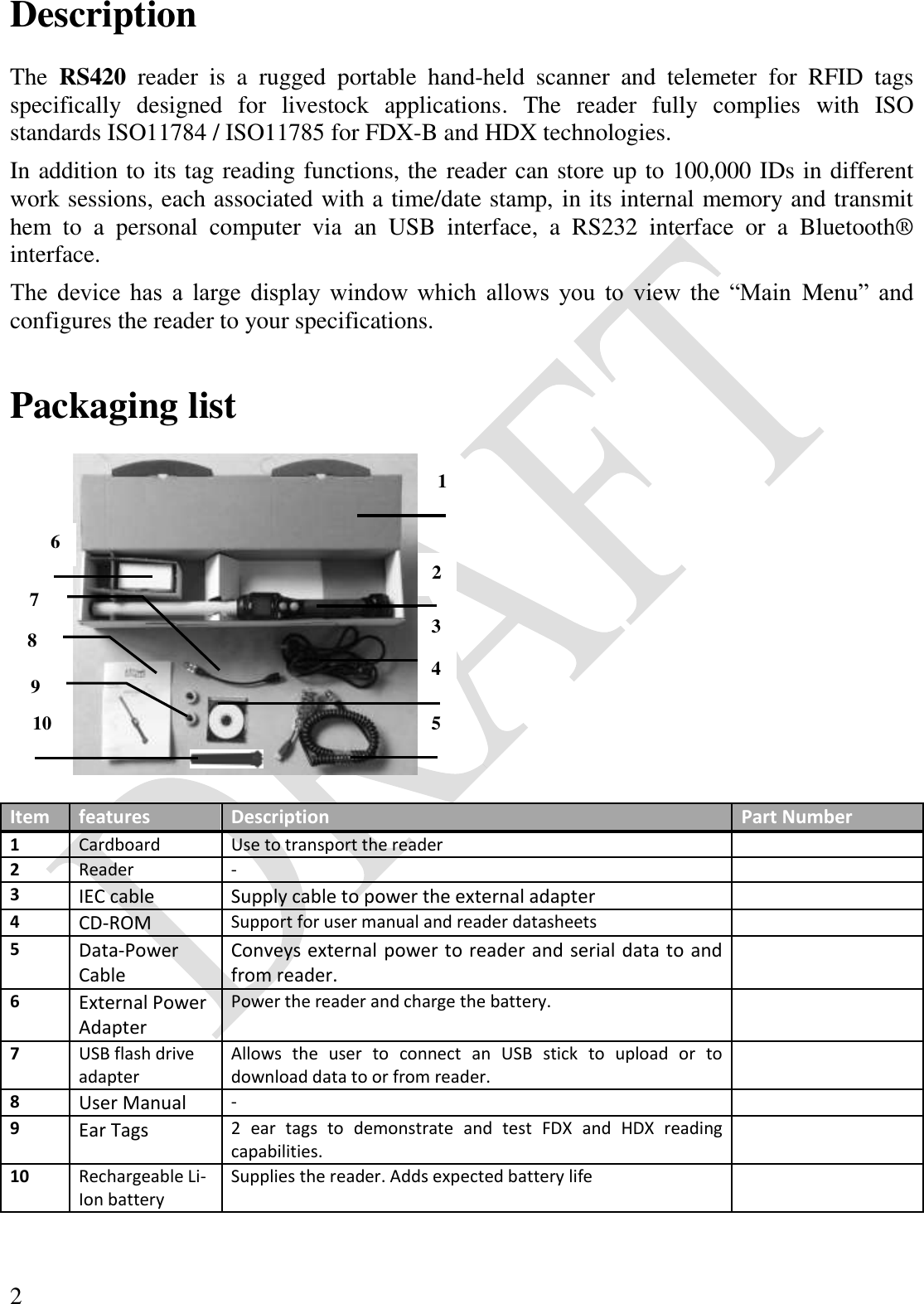  2 Description  The  RS420  reader  is  a  rugged  portable  hand-held  scanner  and  telemeter  for  RFID  tags specifically  designed  for  livestock  applications.  The  reader  fully  complies  with  ISO standards ISO11784 / ISO11785 for FDX-B and HDX technologies. In addition to its tag reading functions, the reader can store up to 100,000 IDs in different work sessions, each associated with a time/date stamp, in its internal memory and transmit hem  to  a  personal  computer  via  an  USB  interface,  a  RS232  interface  or  a  Bluetooth® interface. The  device  has  a  large  display  window  which  allows  you  to  view  the  “Main  Menu”  and configures the reader to your specifications.  Packaging list    Item features Description Part Number 1 Cardboard Use to transport the reader  2 Reader -  3 IEC cable Supply cable to power the external adapter  4 CD-ROM Support for user manual and reader datasheets  5 Data-Power Cable Conveys external power to reader and serial data to and from reader.  6 External Power Adapter Power the reader and charge the battery.  7 USB flash drive adapter Allows  the  user  to  connect  an  USB  stick  to  upload  or  to download data to or from reader.  8 User Manual -  9 Ear Tags 2  ear  tags  to  demonstrate  and  test  FDX  and  HDX  reading capabilities.  10 Rechargeable Li-Ion battery Supplies the reader. Adds expected battery life  6 2 1 3 5 4 10 7 9 8 