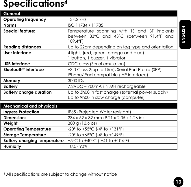   13  ENGLISH Specifications4 General  Operating frequency 134.2 kHz Norms ISO 11784 / 11785 Special feature: Temperature  scanning  with  TS  and  BT  implants between  33°C  and  43°C  (between  91.4°F  and 109.4°F) Reading distances Up to 22cm depending on tag type and orientation User interface 4 lights (red, green, orange and blue) 1 button, 1 buzzer, 1 vibrator USB interface CDC class (Serial emulation) Bluetooth® interface v3.0 Class 2(up to 15m), Serial Port Profile (SPP) iPhone/iPad compatible (iAP interface) Memory 3000 IDs Battery 7.2VDC – 700mAh NiMH rechargeable Battery charge duration Up to 3h00 in fast charge (external power supply) Up to 9h00 in slow charge (computer)   Mechanical and physicals  Ingress Protection IP65 (Projected Water resistant) Dimensions 234 x 52 x 32 mm (9.21 x 2.05 x 1.26 in) Weight 300 g (10.6 oz) Operating Temperature -20° to +55°C (-4° to +131°F) Storage Temperature -20° to +65°C (-4° to +149°F) Battery charging temperature +5°C to +40°C ( +41 to +104°F) Humidity 10% - 90%                                                    4 All specifications are subject to change without notice 