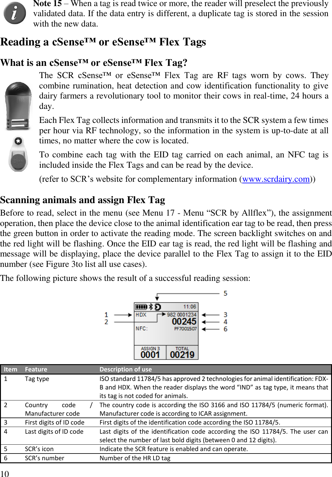 10  Note 15 – When a tag is read twice or more, the reader will preselect the previously validated data. If the data entry is different, a duplicate tag is stored in the session with the new data. Reading a cSense™ or eSense™ Flex Tags What is an cSense™ or eSense™ Flex Tag?   The  SCR  cSense™  or  eSense™  Flex  Tag  are  RF  tags  worn  by  cows.  They combine rumination, heat detection and cow identification functionality to give dairy farmers a revolutionary tool to monitor their cows in real-time, 24 hours a day. Each Flex Tag collects information and transmits it to the SCR system a few times per hour via RF technology, so the information in the system is up-to-date at all times, no matter where the cow is located. To combine each tag with the EID tag carried on each animal, an NFC tag is included inside the Flex Tags and can be read by the device. (refer to SCR’s website for complementary information (www.scrdairy.com)) Scanning animals and assign Flex Tag Before to read, select in the menu (see Menu 17 - Menu “SCR by Allflex”), the assignment operation, then place the device close to the animal identification ear tag to be read, then press the green button in order to activate the reading mode. The screen backlight switches on and the red light will be flashing. Once the EID ear tag is read, the red light will be flashing and message will be displaying, place the device parallel to the Flex Tag to assign it to the EID number (see Figure 3to list all use cases). The following picture shows the result of a successful reading session:  Item Feature Description of use 1 Tag type ISO standard 11784/5 has approved 2 technologies for animal identification: FDX-B and HDX. When the reader displays the word “IND” as tag type, it means that its tag is not coded for animals. 2 Country  code  / Manufacturer code The country code is according the ISO 3166 and ISO 11784/5 (numeric format). Manufacturer code is according to ICAR assignment. 3 First digits of ID code First digits of the identification code according the ISO 11784/5. 4 Last digits of ID code Last  digits  of  the  identification  code  according  the  ISO  11784/5.  The  user  can select the number of last bold digits (between 0 and 12 digits). 5 SCR’s icon Indicate the SCR feature is enabled and can operate. 6 SCR’s number Number of the HR LD tag 
