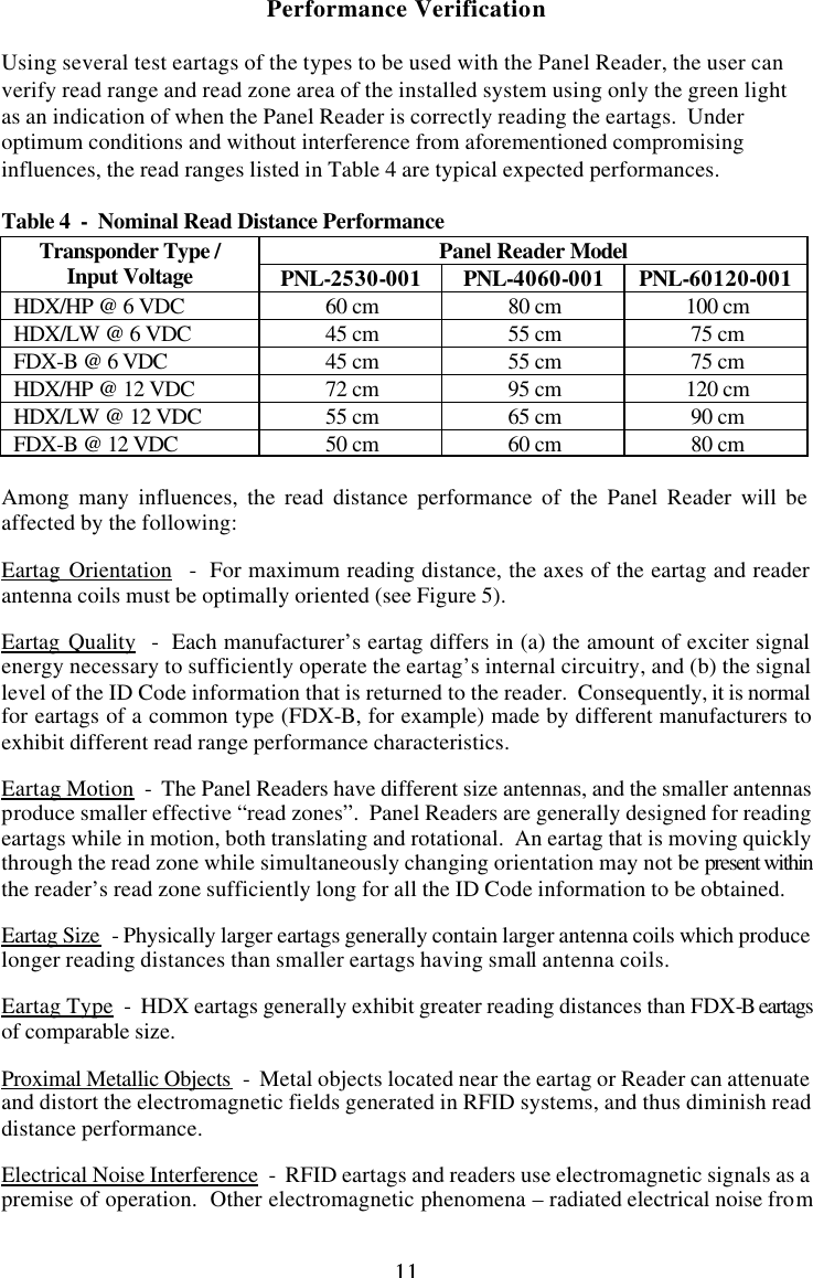 11 11Performance Verification  Using several test eartags of the types to be used with the Panel Reader, the user can verify read range and read zone area of the installed system using only the green light as an indication of when the Panel Reader is correctly reading the eartags.  Under optimum conditions and without interference from aforementioned compromising influences, the read ranges listed in Table 4 are typical expected performances.  Table 4  -  Nominal Read Distance Performance Panel Reader Model Transponder Type / Input Voltage PNL-2530-001 PNL-4060-001 PNL-60120-001 HDX/HP @ 6 VDC 60 cm 80 cm 100 cm HDX/LW @ 6 VDC 45 cm 55 cm 75 cm FDX-B @ 6 VDC 45 cm 55 cm 75 cm HDX/HP @ 12 VDC 72 cm 95 cm 120 cm HDX/LW @ 12 VDC 55 cm 65 cm 90 cm FDX-B @ 12 VDC 50 cm 60 cm 80 cm  Among many influences, the read distance performance of the Panel Reader will be affected by the following:  Eartag Orientation  -  For maximum reading distance, the axes of the eartag and reader antenna coils must be optimally oriented (see Figure 5).  Eartag Quality  -  Each manufacturer’s eartag differs in (a) the amount of exciter signal energy necessary to sufficiently operate the eartag’s internal circuitry, and (b) the signal level of the ID Code information that is returned to the reader.  Consequently, it is normal for eartags of a common type (FDX-B, for example) made by different manufacturers to exhibit different read range performance characteristics.  Eartag Motion  -  The Panel Readers have different size antennas, and the smaller antennas produce smaller effective “read zones”.  Panel Readers are generally designed for reading eartags while in motion, both translating and rotational.  An eartag that is moving quickly through the read zone while simultaneously changing orientation may not be present within the reader’s read zone sufficiently long for all the ID Code information to be obtained.  Eartag Size  - Physically larger eartags generally contain larger antenna coils which produce longer reading distances than smaller eartags having small antenna coils.  Eartag Type  -  HDX eartags generally exhibit greater reading distances than FDX-B eartags of comparable size.  Proximal Metallic Objects  -  Metal objects located near the eartag or Reader can attenuate and distort the electromagnetic fields generated in RFID systems, and thus diminish read distance performance.  Electrical Noise Interference  -  RFID eartags and readers use electromagnetic signals as a premise of operation.  Other electromagnetic phenomena – radiated electrical noise from 