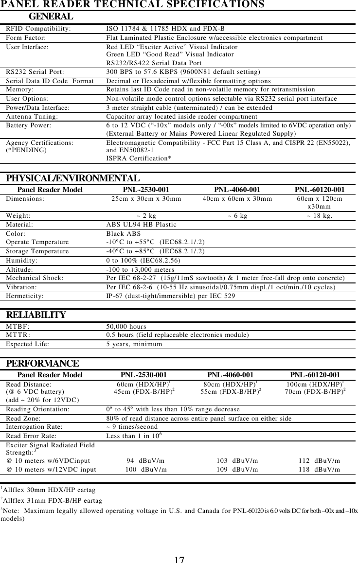 17 17PANEL READER TECHNICAL SPECIFICATIONS GENERAL  RFID Compatibility: ISO 11784 &amp; 11785 HDX and FDX-B Form Factor: Flat Laminated Plastic Enclosure w/accessible electronics compartment User Interface: Red LED “Exciter Active” Visual Indicator Green LED “Good Read” Visual Indicator RS232/RS422 Serial Data Port RS232 Serial Port: 300 BPS to 57.6 KBPS (9600N81 default setting) Serial Data ID Code  Format Decimal or Hexadecimal w/flexible formatting options Memory: Retains last ID Code read in non-volatile memory for retransmission User Options: Non-volatile mode control options selectable via RS232 serial port interface Power/Data Interface: 3 meter straight cable (unterminated) / can be extended Antenna Tuning: Capacitor array located inside reader compartment Battery Power: 6 to 12 VDC (“-10x” models only / “-00x” models limited to 6VDC operation only) (External Battery or Mains Powered Linear Regulated Supply) Agency Certifications: (*PENDING) Electromagnetic Compatibility - FCC Part 15 Class A, and CISPR 22 (EN55022), and EN50082-1 ISPRA Certification*   PHYSICAL/ENVIRONMENTAL Panel Reader Model PNL-2530-001 PNL-4060-001 PNL-60120-001 Dimensions: 25cm x 30cm x 30mm 40cm x 60cm x 30mm 60cm x 120cm x30mm Weight: ~ 2 kg ~ 6 kg ~ 18 kg. Material: ABS UL94 HB Plastic Color: Black ABS Operate Temperature -10ºC to +55ºC  (IEC68.2.1/.2) Storage Temperature -40ºC to +85ºC  (IEC68.2.1/.2) Humidity: 0 to 100% (IEC68.2.56) Altitude: -100 to +3,000 meters Mechanical Shock: Per IEC 68-2-27  (15g/11mS sawtooth) &amp; 1 meter free-fall drop onto concrete) Vibration: Per IEC 68-2-6  (10-55 Hz sinusoidal/0.75mm displ./1 oct/min./10 cycles) Hermeticity: IP-67 (dust-tight/immersible) per IEC 529   RELIABILITY  MTBF: 50,000 hours MTTR: 0.5 hours (field replaceable electronics module) Expected Life: 5 years, minimum   PERFORMANCE  Panel Reader Model PNL-2530-001 PNL-4060-001 PNL-60120-001 Read Distance:   (@ 6 VDC battery) (add ~ 20% for 12VDC) 60cm (HDX/HP)1 45cm (FDX-B/HP)2 80cm (HDX/HP)1 55cm (FDX-B/HP)2 100cm (HDX/HP)1 70cm (FDX-B/HP)2 Reading Orientation: 0º to 45º with less than 10% range decrease Read Zone: 80% of read distance across entire panel surface on either side Interrogation Rate: ~ 9 times/second Read Error Rate: Less than 1 in 106 Exciter Signal Radiated Field Strength:3 @ 10 meters w/6VDCinput @ 10 meters w/12VDC input   94  dBuV/m 100  dBuV/m   103  dBuV/m 109  dBuV/m   112  dBuV/m 118  dBuV/m        1Allflex 30mm HDX/HP eartag  2Allflex 31mm FDX-B/HP eartag 3Note:  Maximum legally allowed operating voltage in U.S. and Canada for PNL-60120 is 6.0 volts DC for both –00x and –10x models)  