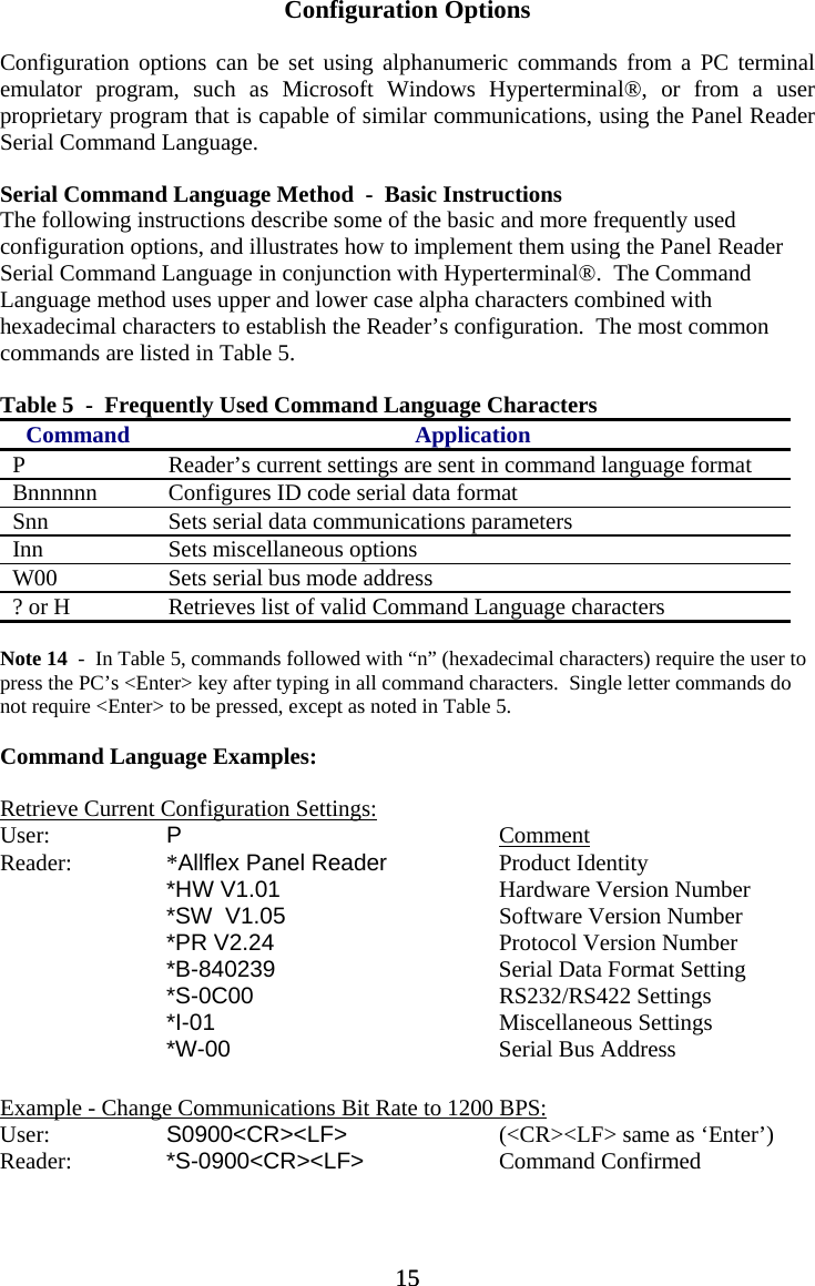 Configuration Options  Configuration options can be set using alphanumeric commands from a PC terminal emulator program, such as Microsoft Windows Hyperterminal®, or from a user proprietary program that is capable of similar communications, using the Panel Reader Serial Command Language.  Serial Command Language Method  -  Basic Instructions The following instructions describe some of the basic and more frequently used configuration options, and illustrates how to implement them using the Panel Reader Serial Command Language in conjunction with Hyperterminal®.  The Command Language method uses upper and lower case alpha characters combined with hexadecimal characters to establish the Reader’s configuration.  The most common commands are listed in Table 5.  Table 5  -  Frequently Used Command Language Characters Command Application P  Reader’s current settings are sent in command language format Bnnnnnn  Configures ID code serial data format Snn  Sets serial data communications parameters Inn Sets miscellaneous options W00  Sets serial bus mode address ? or H  Retrieves list of valid Command Language characters  Note 14  -  In Table 5, commands followed with “n” (hexadecimal characters) require the user to press the PC’s &lt;Enter&gt; key after typing in all command characters.  Single letter commands do not require &lt;Enter&gt; to be pressed, except as noted in Table 5.  Command Language Examples:  Retrieve Current Configuration Settings: User:   P    Comment Reader:   *Allflex Panel Reader    Product Identity   *HW V1.01   Hardware Version Number   *SW  V1.05   Software Version Number   *PR V2.24   Protocol Version Number   *B-840239   Serial Data Format Setting   *S-0C00   RS232/RS422 Settings   *I-01    Miscellaneous Settings   *W-00    Serial Bus Address   Example - Change Communications Bit Rate to 1200 BPS: User:   S0900&lt;CR&gt;&lt;LF&gt;   (&lt;CR&gt;&lt;LF&gt; same as ‘Enter’) Reader:   *S-0900&lt;CR&gt;&lt;LF&gt;   Command Confirmed   15 15