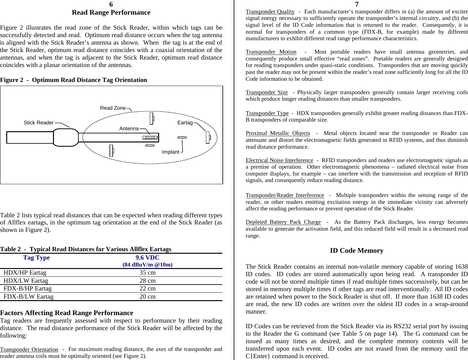          6 Read Range Performance  Figure 2 illustrates the read zone of the Stick Reader, within which tags can be successfully detected and read.  Optimum read distance occurs when the tag antenna is aligned with the Stick Reader’s antenna as shown.  When  the tag is at the end of the Stick Reader, optimum read distance coincides with a coaxial orientation of the antennas, and when the tag is adjacent to the Stick Reader, optimum read distance coincides with a planar orientation of the antennas.  Figure 2  -  Optimum Read Distance Tag Orientation                  Table 2 lists typical read distances that can be expected when reading different types of Allflex eartags, in the optimum tag orientation at the end of the Stick Reader (as shown in Figure 2).  Table 2  -  Typical Read Distances for Various Allflex Eartags  Tag Type  9.6 VDC (84 dBuV/m @10m) HDX/HP Eartag  35 cm HDX/LW Eartag  28 cm FDX-B/HP Eartag  22 cm FDX-B/LW Eartag  20 cm  Factors Affecting Read Range Performance Tag readers are frequently assessed with respect to performance by their reading distance.  The read distance performance of the Stick Reader will be affected by the following:  Transponder Orientation  -  For maximum reading distance, the axes of the transponder and reader antenna coils must be optimally oriented (see Figure 2). 7 Transponder Quality  -  Each manufacturer’s transponder differs in (a) the amount of exciter signal energy necessary to sufficiently operate the transponder’s internal circuitry, and (b) the signal level of the ID Code information that is returned to the reader.  Consequently, it is normal for transponders of a common type (FDX-B, for example) made by different manufacturers to exhibit different read range performance characteristics.  Transponder Motion  -  Most portable readers have small antenna geometries, and consequently produce small effective “read zones”.  Portable readers are generally designed for reading transponders under quasi-static conditions.  Transponders that are moving quickly past the reader may not be present within the reader’s read zone sufficiently long for all the ID Code information to be obtained.  Transponder Size  - Physically larger transponders generally contain larger receiving coils which produce longer reading distances than smaller transponders.  Transponder Type  -  HDX transponders generally exhibit greater reading distances than FDX-B transponders of comparable size.  Proximal Metallic Objects  -  Metal objects located near the transponder or Reader can attenuate and distort the electromagnetic fields generated in RFID systems, and thus diminish read distance performance.  Electrical Noise Interference  -  RFID transponders and readers use electromagnetic signals as a premise of operation.  Other electromagnetic phenomena – radiated electrical noise from computer displays, for example – can interfere with the transmission and reception of RFID signals, and consequently reduce reading distance.  Transponder/Reader Interference  -  Multiple transponders within the sensing range of the reader, or other readers emitting excitation energy in the immediate vicinity can adversely affect the reading performance or prevent operation of the Stick Reader.  Depleted Battery Pack Charge  -  As the Battery Pack discharges, less energy becomes available to generate the activation field, and this reduced field will result in a decreased read range.  ID Code Memory  The Stick Reader contains an internal non-volatile memory capable of storing 1638 ID codes.  ID codes are stored automatically upon being read.  A transponder ID code will not be stored multiple times if read multiple times successively, but can be stored in memory multiple times if other tags are read interventionally.  All ID codes are retained when power to the Stick Reader is shut off.  If more than 1638 ID codes are read, the new ID codes are written over the oldest ID codes in a wrap-around manner.  ID Codes can be retrieved from the Stick Reader via its RS232 serial port by issuing to the Reader the G command (see Table 5 on page 14).  The G command can be issued as many times as desired, and the complete memory contents will be transferred upon each event.  ID codes are not erased from the memory until the C{Enter} command is received. EartagImplantStick Reader AntennaRead Zone