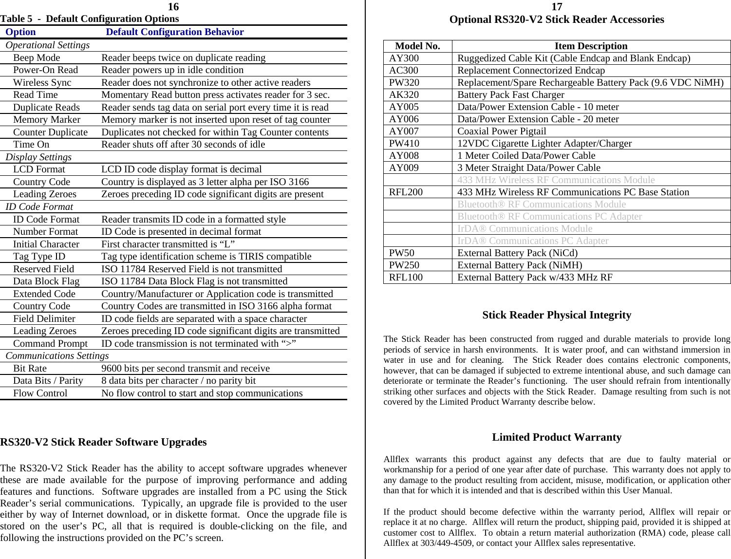          16 Table 5  -  Default Configuration Options Option  Default Configuration Behavior Operational Settings    Beep Mode  Reader beeps twice on duplicate reading    Power-On Read  Reader powers up in idle condition    Wireless Sync  Reader does not synchronize to other active readers    Read Time  Momentary Read button press activates reader for 3 sec.    Duplicate Reads  Reader sends tag data on serial port every time it is read    Memory Marker  Memory marker is not inserted upon reset of tag counter    Counter Duplicate  Duplicates not checked for within Tag Counter contents    Time On  Reader shuts off after 30 seconds of idle Display Settings      LCD Format  LCD ID code display format is decimal    Country Code  Country is displayed as 3 letter alpha per ISO 3166    Leading Zeroes  Zeroes preceding ID code significant digits are present ID Code Format      ID Code Format  Reader transmits ID code in a formatted style    Number Format  ID Code is presented in decimal format    Initial Character  First character transmitted is “L”    Tag Type ID  Tag type identification scheme is TIRIS compatible    Reserved Field  ISO 11784 Reserved Field is not transmitted    Data Block Flag  ISO 11784 Data Block Flag is not transmitted    Extended Code  Country/Manufacturer or Application code is transmitted    Country Code  Country Codes are transmitted in ISO 3166 alpha format    Field Delimiter  ID code fields are separated with a space character    Leading Zeroes  Zeroes preceding ID code significant digits are transmitted    Command Prompt  ID code transmission is not terminated with “&gt;” Communications Settings    Bit Rate  9600 bits per second transmit and receive    Data Bits / Parity  8 data bits per character / no parity bit    Flow Control  No flow control to start and stop communications    RS320-V2 Stick Reader Software Upgrades  The RS320-V2 Stick Reader has the ability to accept software upgrades whenever these are made available for the purpose of improving performance and adding features and functions.  Software upgrades are installed from a PC using the Stick Reader’s serial communications.  Typically, an upgrade file is provided to the user either by way of Internet download, or in diskette format.  Once the upgrade file is stored on the user’s PC, all that is required is double-clicking on the file, and following the instructions provided on the PC’s screen.  17 Optional RS320-V2 Stick Reader Accessories  Model No.  Item Description AY300  Ruggedized Cable Kit (Cable Endcap and Blank Endcap) AC300  Replacement Connectorized Endcap PW320 Replacement/Spare Rechargeable Battery Pack (9.6 VDC NiMH) AK320  Battery Pack Fast Charger AY005  Data/Power Extension Cable - 10 meter AY006  Data/Power Extension Cable - 20 meter AY007  Coaxial Power Pigtail PW410  12VDC Cigarette Lighter Adapter/Charger AY008  1 Meter Coiled Data/Power Cable AY009  3 Meter Straight Data/Power Cable   433 MHz Wireless RF Communications Module RFL200  433 MHz Wireless RF Communications PC Base Station   Bluetooth® RF Communications Module   Bluetooth® RF Communications PC Adapter   IrDA® Communications Module   IrDA® Communications PC Adapter PW50  External Battery Pack (NiCd) PW250  External Battery Pack (NiMH) RFL100 External Battery Pack w/433 MHz RF   Stick Reader Physical Integrity  The Stick Reader has been constructed from rugged and durable materials to provide long periods of service in harsh environments.  It is water proof, and can withstand immersion in water in use and for cleaning.  The Stick Reader does contains electronic components, however, that can be damaged if subjected to extreme intentional abuse, and such damage can deteriorate or terminate the Reader’s functioning.  The user should refrain from intentionally striking other surfaces and objects with the Stick Reader.  Damage resulting from such is not covered by the Limited Product Warranty describe below.   Limited Product Warranty  Allflex warrants this product against any defects that are due to faulty material or workmanship for a period of one year after date of purchase.  This warranty does not apply to any damage to the product resulting from accident, misuse, modification, or application other than that for which it is intended and that is described within this User Manual.  If the product should become defective within the warranty period, Allflex will repair or replace it at no charge.  Allflex will return the product, shipping paid, provided it is shipped at customer cost to Allflex.  To obtain a return material authorization (RMA) code, please call Allflex at 303/449-4509, or contact your Allflex sales representative.  