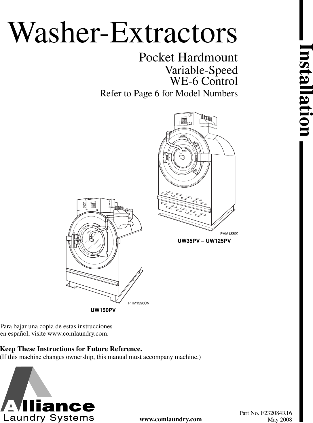 Alliance Laundry Systems Uw150Pv Users Manual Installation For Washer