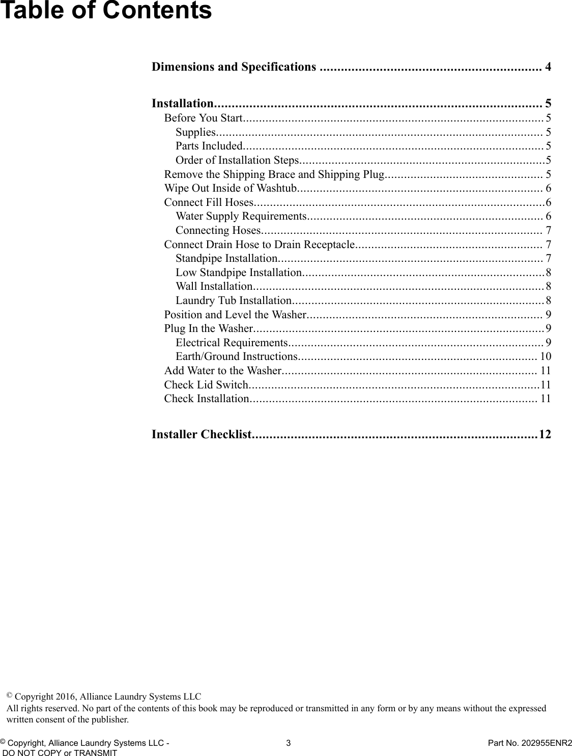Page 3 of 12 - Alliance AWNE82SP113TW01 Installation Instructions User Manual  WASHER - Manuals And Guides 1710150L