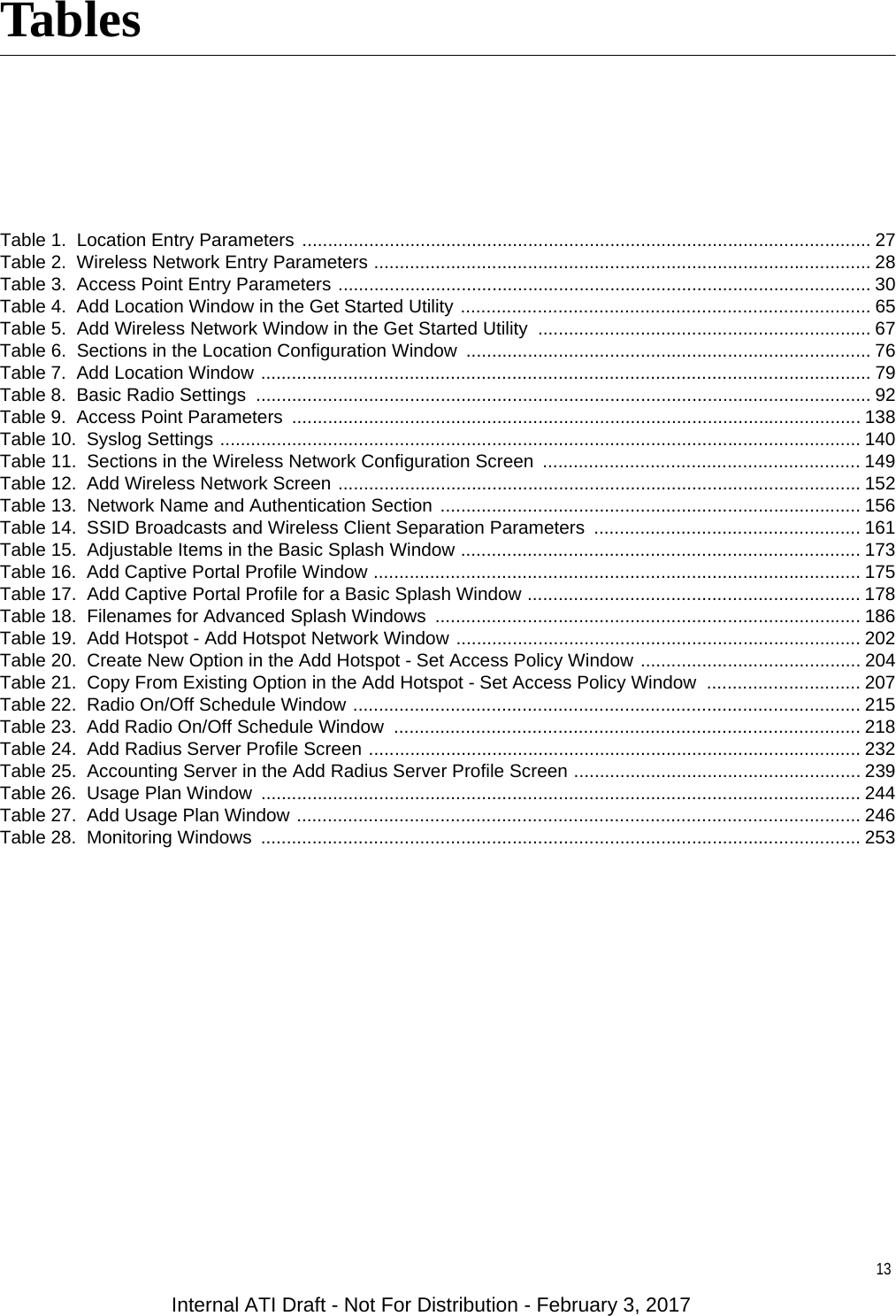 13Table 1.  Location Entry Parameters  ............................................................................................................... 27Table 2.  Wireless Network Entry Parameters ................................................................................................. 28Table 3.  Access Point Entry Parameters ........................................................................................................ 30Table 4.  Add Location Window in the Get Started Utility ................................................................................ 65Table 5.  Add Wireless Network Window in the Get Started Utility  ................................................................. 67Table 6.  Sections in the Location Configuration Window ............................................................................... 76Table 7.  Add Location Window ....................................................................................................................... 79Table 8.  Basic Radio Settings  ........................................................................................................................ 92Table 9.  Access Point Parameters  ............................................................................................................... 138Table 10.  Syslog Settings ............................................................................................................................. 140Table 11.  Sections in the Wireless Network Configuration Screen  .............................................................. 149Table 12.  Add Wireless Network Screen ...................................................................................................... 152Table 13.  Network Name and Authentication Section .................................................................................. 156Table 14.  SSID Broadcasts and Wireless Client Separation Parameters  .................................................... 161Table 15.  Adjustable Items in the Basic Splash Window .............................................................................. 173Table 16.  Add Captive Portal Profile Window ............................................................................................... 175Table 17.  Add Captive Portal Profile for a Basic Splash Window ................................................................. 178Table 18.  Filenames for Advanced Splash Windows  ................................................................................... 186Table 19.  Add Hotspot - Add Hotspot Network Window ............................................................................... 202Table 20.  Create New Option in the Add Hotspot - Set Access Policy Window ........................................... 204Table 21.  Copy From Existing Option in the Add Hotspot - Set Access Policy Window  .............................. 207Table 22.  Radio On/Off Schedule Window ................................................................................................... 215Table 23.  Add Radio On/Off Schedule Window  ........................................................................................... 218Table 24.  Add Radius Server Profile Screen ................................................................................................ 232Table 25.  Accounting Server in the Add Radius Server Profile Screen ........................................................ 239Table 26.  Usage Plan Window  ..................................................................................................................... 244Table 27.  Add Usage Plan Window .............................................................................................................. 246Table 28.  Monitoring Windows  ..................................................................................................................... 253TablesInternal ATI Draft - Not For Distribution - February 3, 2017