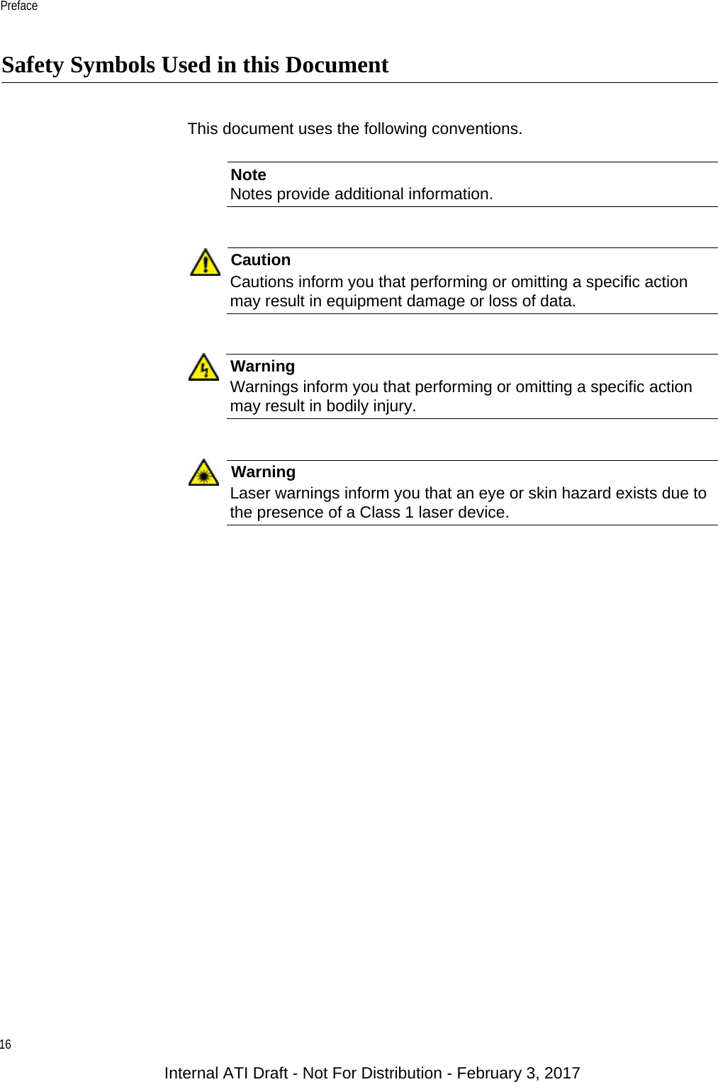 Preface16Safety Symbols Used in this DocumentThis document uses the following conventions.NoteNotes provide additional information.CautionCautions inform you that performing or omitting a specific action may result in equipment damage or loss of data.WarningWarnings inform you that performing or omitting a specific action may result in bodily injury.WarningLaser warnings inform you that an eye or skin hazard exists due to the presence of a Class 1 laser device.Internal ATI Draft - Not For Distribution - February 3, 2017