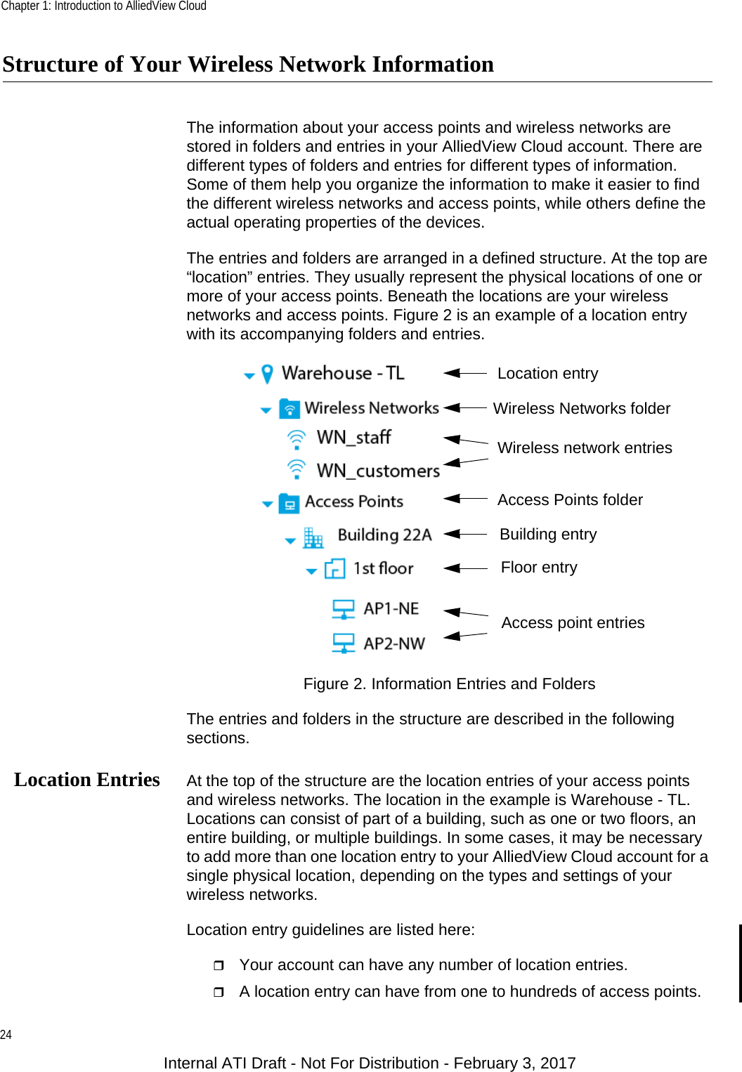 Chapter 1: Introduction to AlliedView Cloud24Structure of Your Wireless Network InformationThe information about your access points and wireless networks are stored in folders and entries in your AlliedView Cloud account. There are different types of folders and entries for different types of information. Some of them help you organize the information to make it easier to find the different wireless networks and access points, while others define the actual operating properties of the devices.The entries and folders are arranged in a defined structure. At the top are “location” entries. They usually represent the physical locations of one or more of your access points. Beneath the locations are your wireless networks and access points. Figure 2 is an example of a location entry with its accompanying folders and entries.Figure 2. Information Entries and FoldersThe entries and folders in the structure are described in the following sections.Location Entries At the top of the structure are the location entries of your access points and wireless networks. The location in the example is Warehouse - TL. Locations can consist of part of a building, such as one or two floors, an entire building, or multiple buildings. In some cases, it may be necessary to add more than one location entry to your AlliedView Cloud account for a single physical location, depending on the types and settings of your wireless networks.Location entry guidelines are listed here:Your account can have any number of location entries.A location entry can have from one to hundreds of access points.Location entryWireless network entriesBuilding entryFloor entryAccess point entriesWireless Networks folderAccess Points folderInternal ATI Draft - Not For Distribution - February 3, 2017