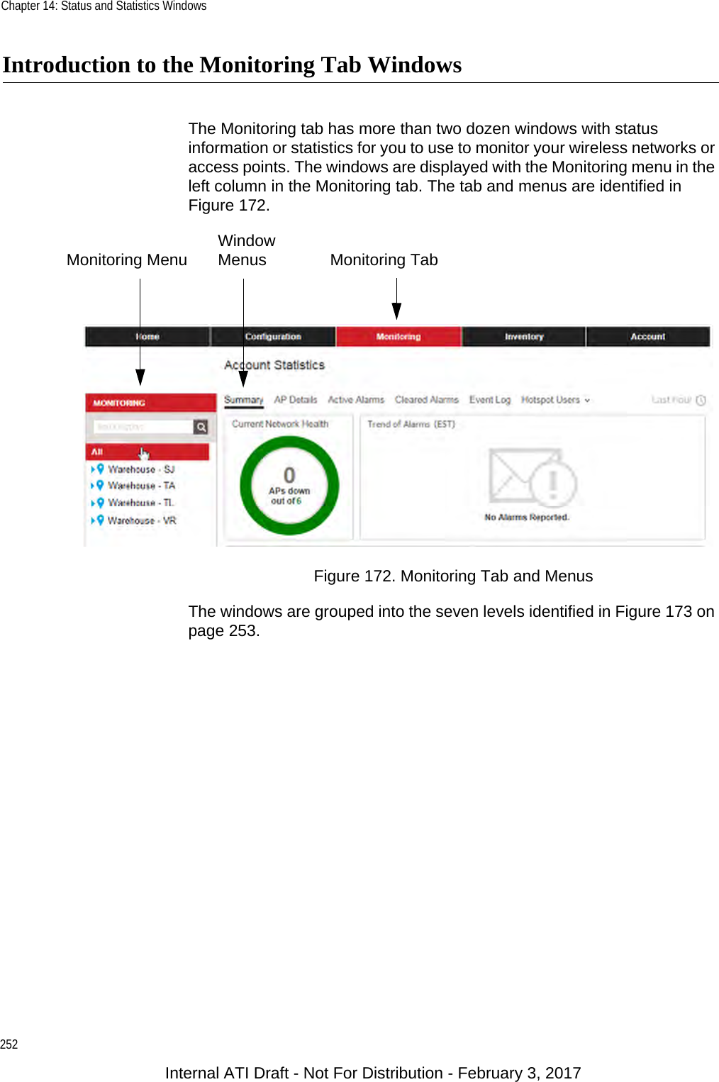 Chapter 14: Status and Statistics Windows252Introduction to the Monitoring Tab WindowsThe Monitoring tab has more than two dozen windows with status information or statistics for you to use to monitor your wireless networks or access points. The windows are displayed with the Monitoring menu in the left column in the Monitoring tab. The tab and menus are identified in Figure 172.Figure 172. Monitoring Tab and MenusThe windows are grouped into the seven levels identified in Figure 173 on page 253.Monitoring TabWindow MenusMonitoring MenuInternal ATI Draft - Not For Distribution - February 3, 2017