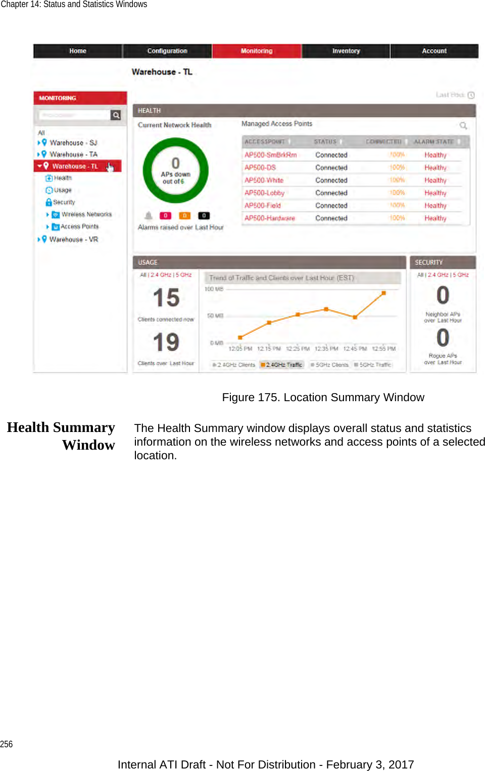 Chapter 14: Status and Statistics Windows256Figure 175. Location Summary WindowHealth SummaryWindow The Health Summary window displays overall status and statistics information on the wireless networks and access points of a selected location.Internal ATI Draft - Not For Distribution - February 3, 2017