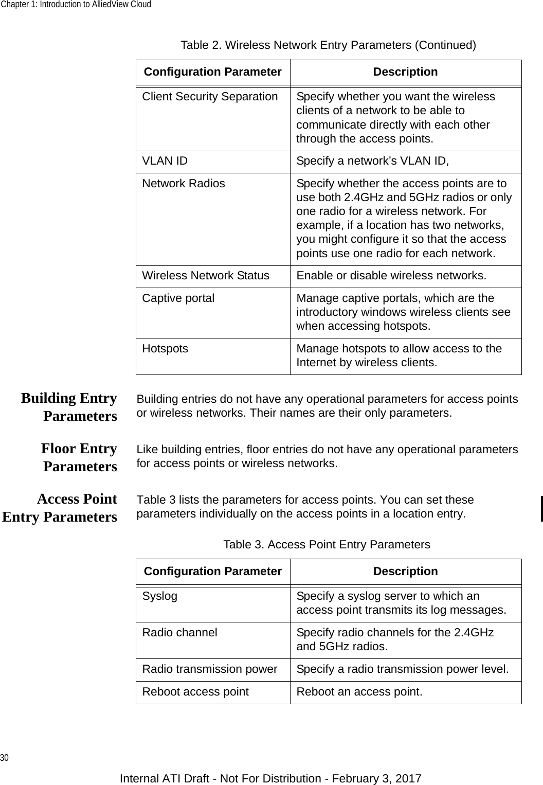 Chapter 1: Introduction to AlliedView Cloud30Building EntryParameters Building entries do not have any operational parameters for access points or wireless networks. Their names are their only parameters.Floor EntryParameters Like building entries, floor entries do not have any operational parameters for access points or wireless networks.Access PointEntry Parameters Table 3 lists the parameters for access points. You can set these parameters individually on the access points in a location entry.Client Security Separation Specify whether you want the wireless clients of a network to be able to communicate directly with each other through the access points.VLAN ID Specify a network’s VLAN ID,Network Radios Specify whether the access points are to use both 2.4GHz and 5GHz radios or only one radio for a wireless network. For example, if a location has two networks, you might configure it so that the access points use one radio for each network.Wireless Network Status Enable or disable wireless networks.Captive portal Manage captive portals, which are the introductory windows wireless clients see when accessing hotspots.Hotspots Manage hotspots to allow access to the Internet by wireless clients.Table 2. Wireless Network Entry Parameters (Continued)Configuration Parameter DescriptionTable 3. Access Point Entry ParametersConfiguration Parameter DescriptionSyslog Specify a syslog server to which an access point transmits its log messages.Radio channel Specify radio channels for the 2.4GHz and 5GHz radios.Radio transmission power Specify a radio transmission power level.Reboot access point Reboot an access point.Internal ATI Draft - Not For Distribution - February 3, 2017