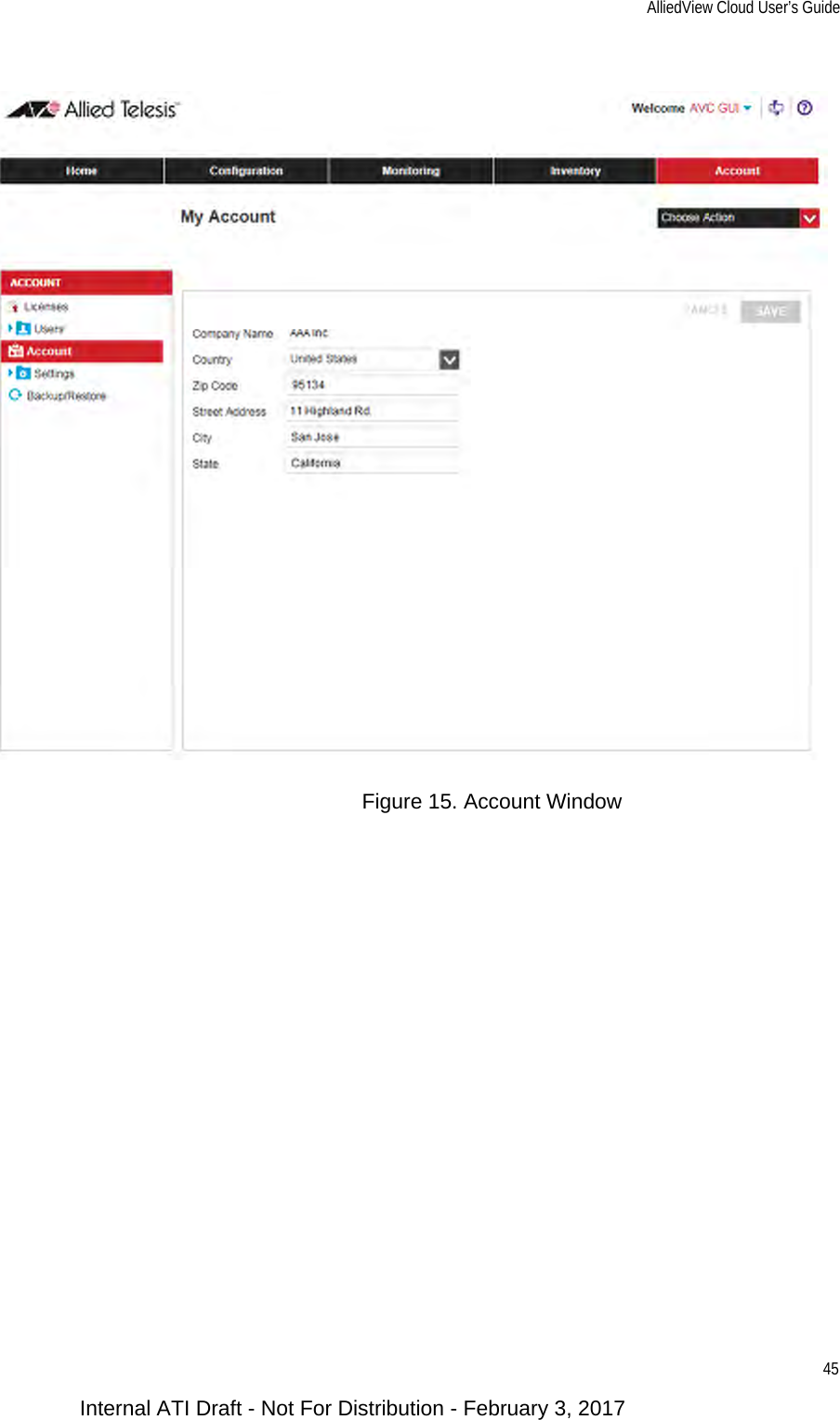 AlliedView Cloud User’s Guide45Figure 15. Account WindowInternal ATI Draft - Not For Distribution - February 3, 2017