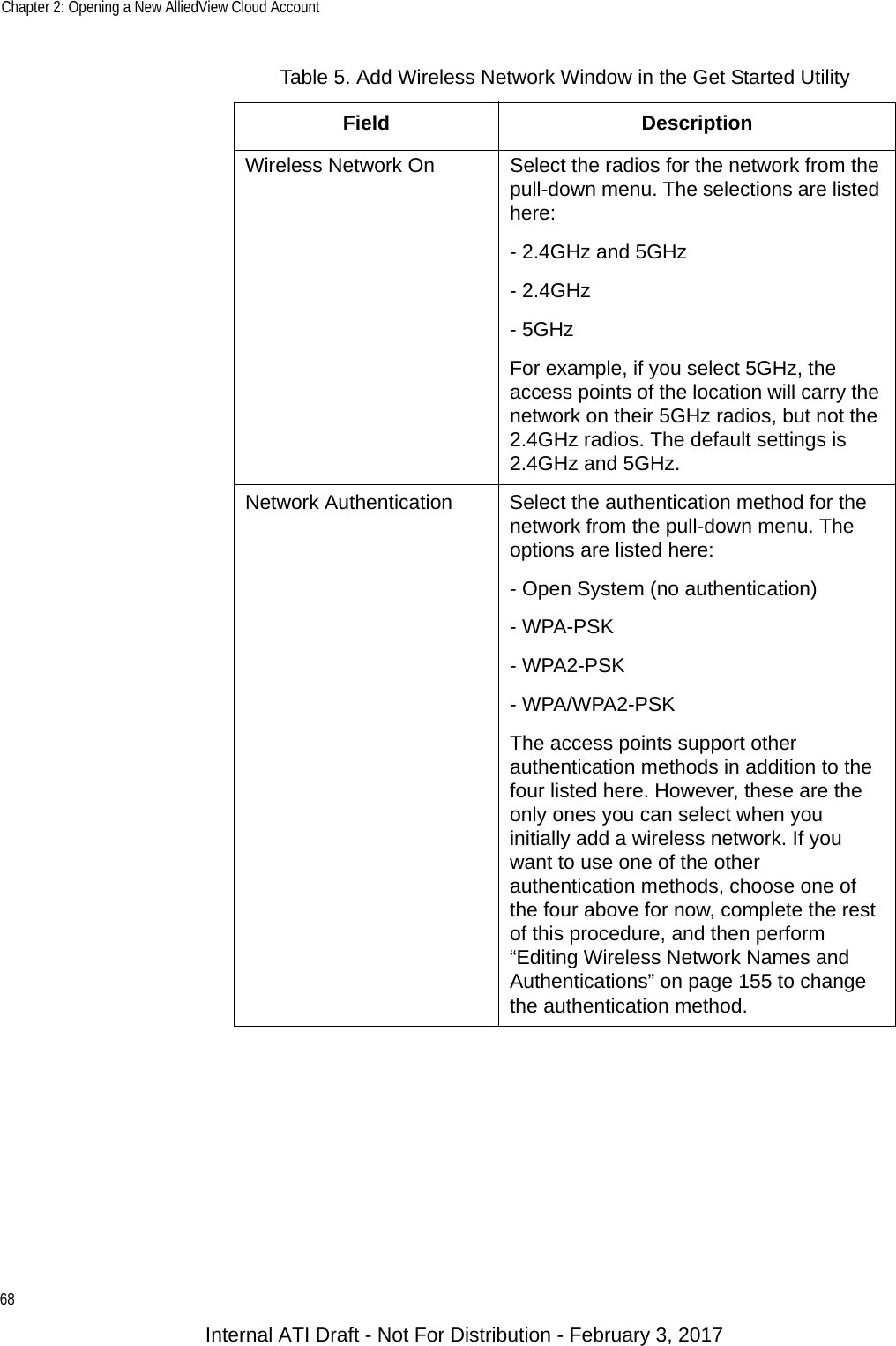 Chapter 2: Opening a New AlliedView Cloud Account68Wireless Network On Select the radios for the network from the pull-down menu. The selections are listed here:- 2.4GHz and 5GHz- 2.4GHz- 5GHzFor example, if you select 5GHz, the access points of the location will carry the network on their 5GHz radios, but not the 2.4GHz radios. The default settings is 2.4GHz and 5GHz.Network Authentication Select the authentication method for the network from the pull-down menu. The options are listed here:- Open System (no authentication)- WPA-PSK- WPA2-PSK- WPA/WPA2-PSKThe access points support other authentication methods in addition to the four listed here. However, these are the only ones you can select when you initially add a wireless network. If you want to use one of the other authentication methods, choose one of the four above for now, complete the rest of this procedure, and then perform “Editing Wireless Network Names and Authentications” on page 155 to change the authentication method.Table 5. Add Wireless Network Window in the Get Started Utility Field DescriptionInternal ATI Draft - Not For Distribution - February 3, 2017