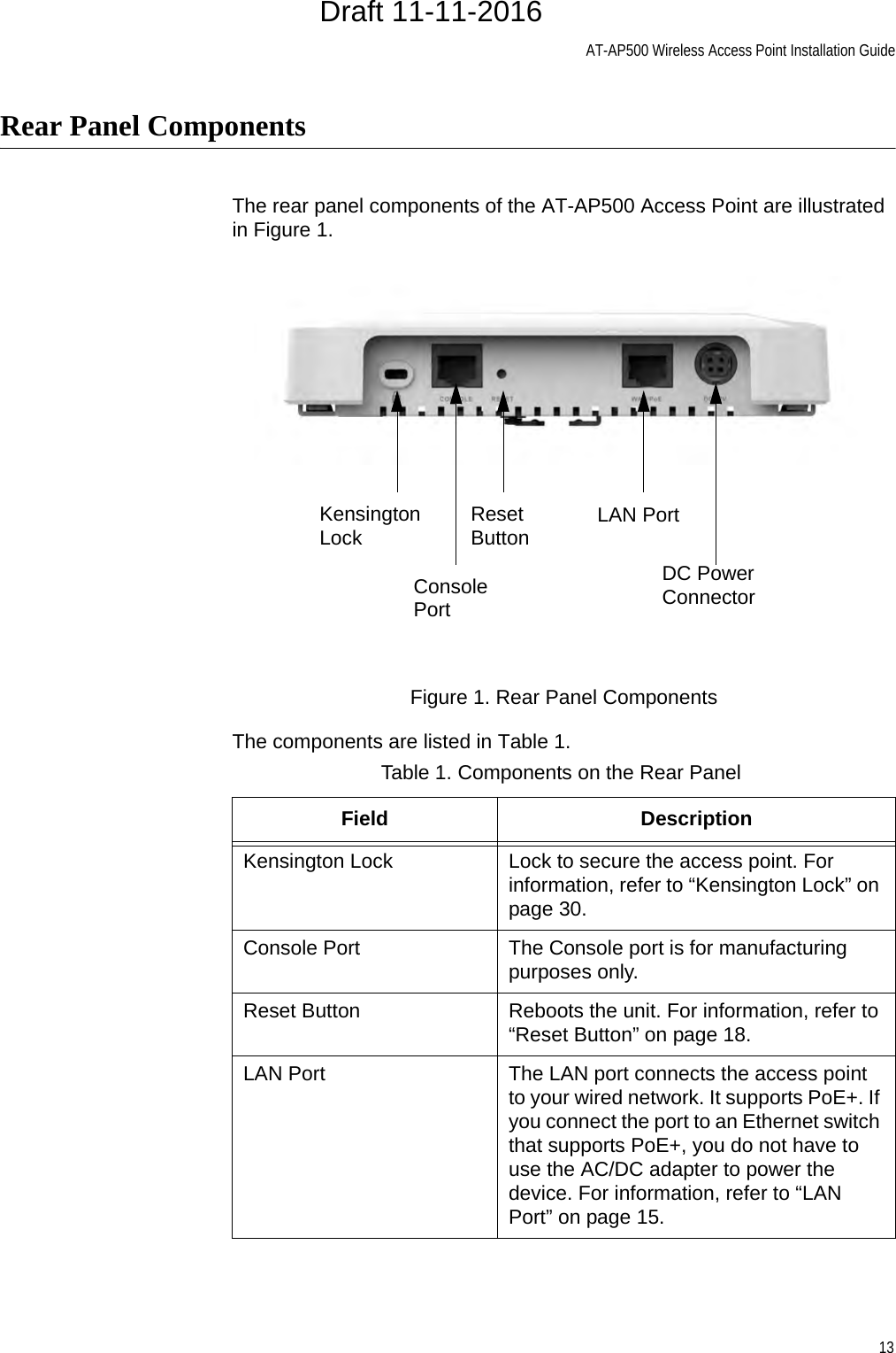 AT-AP500 Wireless Access Point Installation Guide13Rear Panel ComponentsThe rear panel components of the AT-AP500 Access Point are illustrated in Figure 1.Figure 1. Rear Panel ComponentsThe components are listed in Table 1.Table 1. Components on the Rear PanelField DescriptionKensington Lock Lock to secure the access point. For information, refer to “Kensington Lock” on page 30.Console Port The Console port is for manufacturing purposes only.Reset Button Reboots the unit. For information, refer to “Reset Button” on page 18.LAN Port The LAN port connects the access point to your wired network. It supports PoE+. If you connect the port to an Ethernet switch that supports PoE+, you do not have to use the AC/DC adapter to power the device. For information, refer to “LAN Port” on page 15.Reset ButtonConsole PortKensington LockDC Power ConnectorLAN PortDraft 11-11-2016