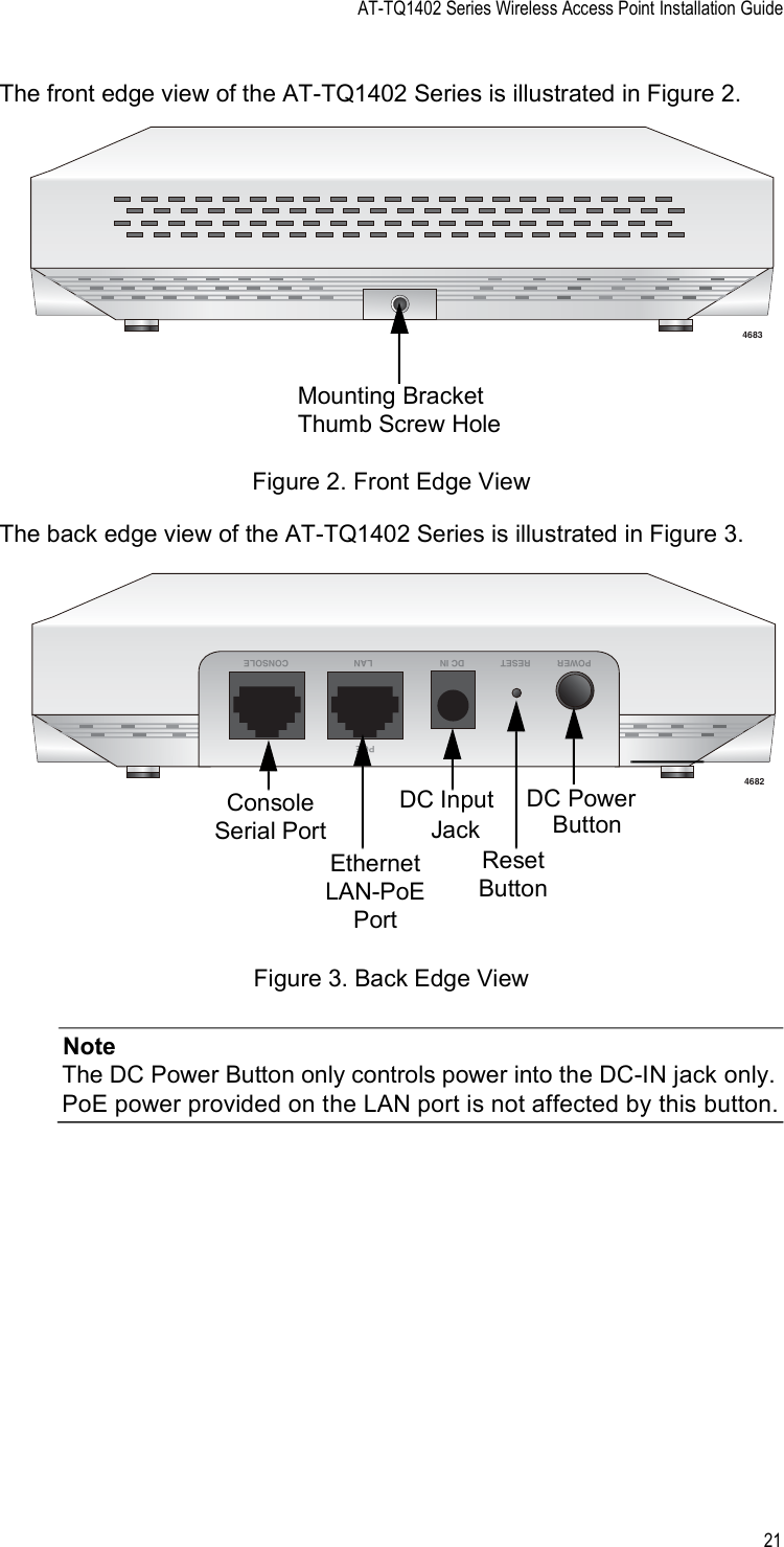 AT-TQ1402 Series Wireless Access Point Installation Guide21The front edge view of the AT-TQ1402 Series is illustrated in Figure 2.Figure 2. Front Edge View The back edge view of the AT-TQ1402 Series is illustrated in Figure 3.Figure 3. Back Edge ViewNoteThe DC Power Button only controls power into the DC-IN jack only. PoE power provided on the LAN port is not affected by this button.4683Mounting Bracket Thumb Screw HolePOE4682LAN                          CONSOLEDC INPOWER RESETEthernet LAN-PoE PortConsole Serial PortReset ButtonDC Power DC Input ButtonJack