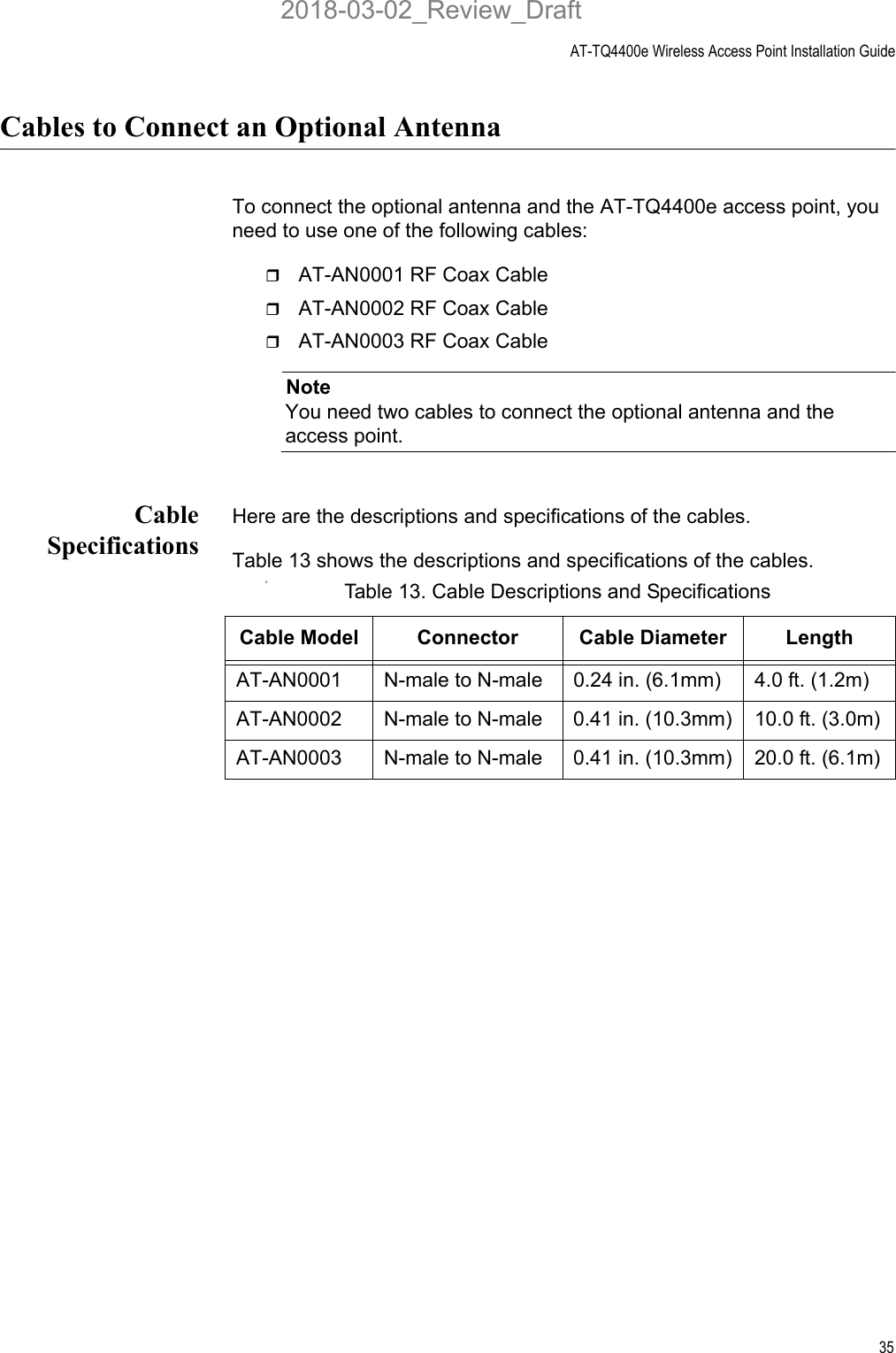 AT-TQ4400e Wireless Access Point Installation Guide35Cables to Connect an Optional AntennaTo connect the optional antenna and the AT-TQ4400e access point, you need to use one of the following cables: AT-AN0001 RF Coax CableAT-AN0002 RF Coax CableAT-AN0003 RF Coax CableNoteYou need two cables to connect the optional antenna and the access point.CableSpecificationsHere are the descriptions and specifications of the cables.Table 13 shows the descriptions and specifications of the cables.4Table 13. Cable Descriptions and SpecificationsCable Model Connector Cable Diameter LengthAT-AN0001 N-male to N-male 0.24 in. (6.1mm) 4.0 ft. (1.2m)AT-AN0002 N-male to N-male 0.41 in. (10.3mm) 10.0 ft. (3.0m)AT-AN0003 N-male to N-male 0.41 in. (10.3mm) 20.0 ft. (6.1m)2018-03-02_Review_Draft