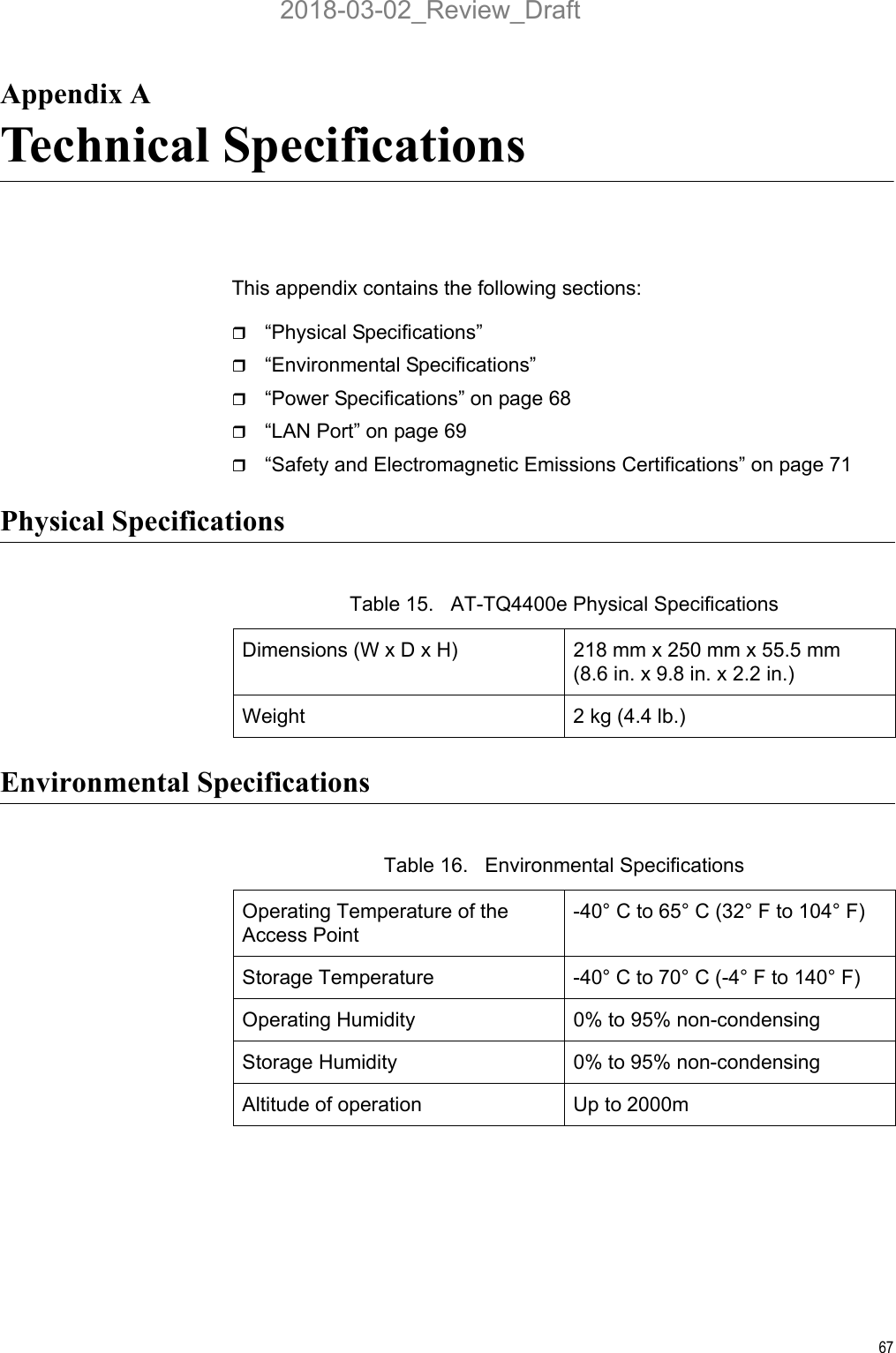 67Appendix ATechnical SpecificationsThis appendix contains the following sections:“Physical Specifications” “Environmental Specifications” “Power Specifications” on page 68“LAN Port” on page 69“Safety and Electromagnetic Emissions Certifications” on page 71Physical SpecificationsEnvironmental SpecificationsTable 15.   AT-TQ4400e Physical SpecificationsDimensions (W x D x H) 218 mm x 250 mm x 55.5 mm(8.6 in. x 9.8 in. x 2.2 in.)Weight 2 kg (4.4 lb.)Table 16.   Environmental SpecificationsOperating Temperature of the Access Point-40° C to 65° C (32° F to 104° F)Storage Temperature -40° C to 70° C (-4° F to 140° F)Operating Humidity 0% to 95% non-condensingStorage Humidity 0% to 95% non-condensingAltitude of operation Up to 2000m2018-03-02_Review_Draft