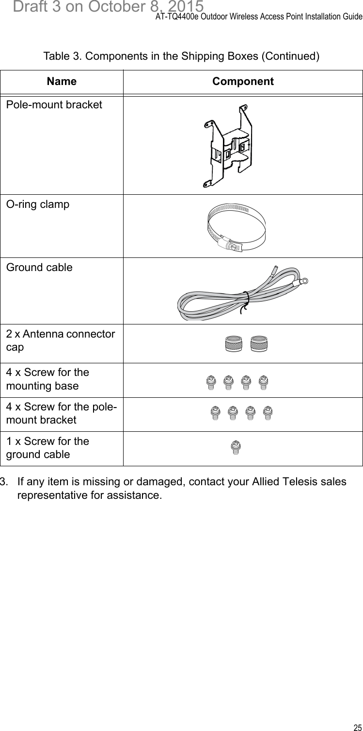 AT-TQ4400e Outdoor Wireless Access Point Installation Guide253. If any item is missing or damaged, contact your Allied Telesis sales representative for assistance.Pole-mount bracketO-ring clampGround cable2 x Antenna connector cap4 x Screw for the mounting base4 x Screw for the pole-mount bracket1 x Screw for the ground cableTable 3. Components in the Shipping Boxes (Continued)Name ComponentDraft 3 on October 8, 2015