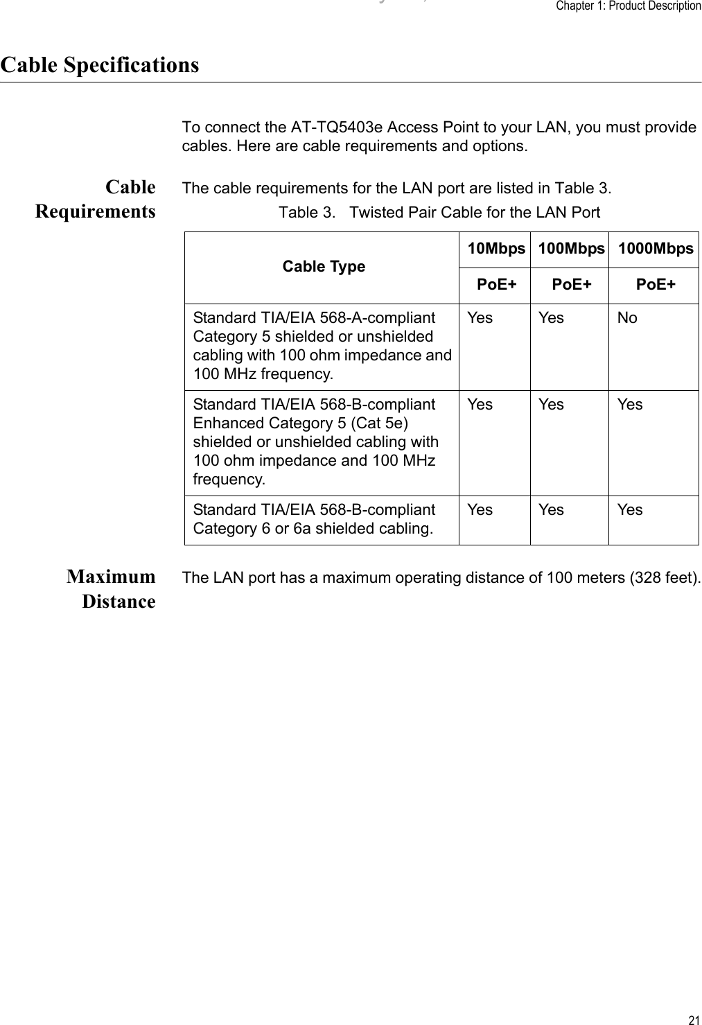 Chapter 1: Product Description21Cable SpecificationsTo connect the AT-TQ5403e Access Point to your LAN, you must provide cables. Here are cable requirements and options.CableRequirementsThe cable requirements for the LAN port are listed in Table 3.MaximumDistanceThe LAN port has a maximum operating distance of 100 meters (328 feet).Table 3.   Twisted Pair Cable for the LAN PortCable Type10Mbps 100Mbps 1000MbpsPoE+ PoE+ PoE+Standard TIA/EIA 568-A-compliant Category 5 shielded or unshielded cabling with 100 ohm impedance and 100 MHz frequency.Yes Yes NoStandard TIA/EIA 568-B-compliant Enhanced Category 5 (Cat 5e) shielded or unshielded cabling with 100 ohm impedance and 100 MHz frequency.Yes Yes YesStandard TIA/EIA 568-B-compliant Category 6 or 6a shielded cabling.Yes Yes YesDraft 5 on February 14, 2019