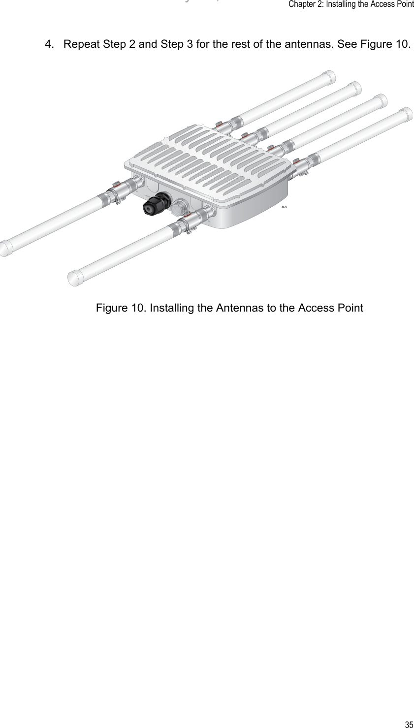 Chapter 2: Installing the Access Point354. Repeat Step 2 and Step 3 for the rest of the antennas. See Figure 10.Figure 10. Installing the Antennas to the Access PointDraft 5 on February 14, 2019