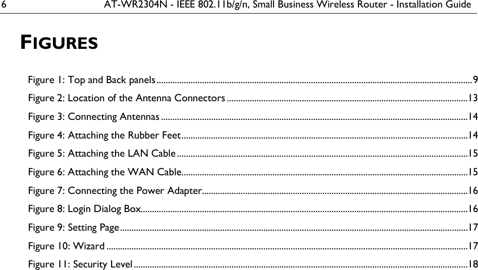 6  AT-WR2304N - IEEE 802.11b/g/n, Small Business Wireless Router - Installation Guide FIGURES Figure 1: Top and Back panels ........................................................................................................................................... 9 Figure 2: Location of the Antenna Connectors ..........................................................................................................13 Figure 3: Connecting Antennas .......................................................................................................................................14 Figure 4: Attaching the Rubber Feet ..............................................................................................................................14 Figure 5: Attaching the LAN Cable ................................................................................................................................15 Figure 6: Attaching the WAN Cable ..............................................................................................................................15 Figure 7: Connecting the Power Adapter.....................................................................................................................16 Figure 8: Login Dialog Box................................................................................................................................................16 Figure 9: Setting Page .........................................................................................................................................................17 Figure 10: Wizard ...............................................................................................................................................................17 Figure 11: Security Level ...................................................................................................................................................18  