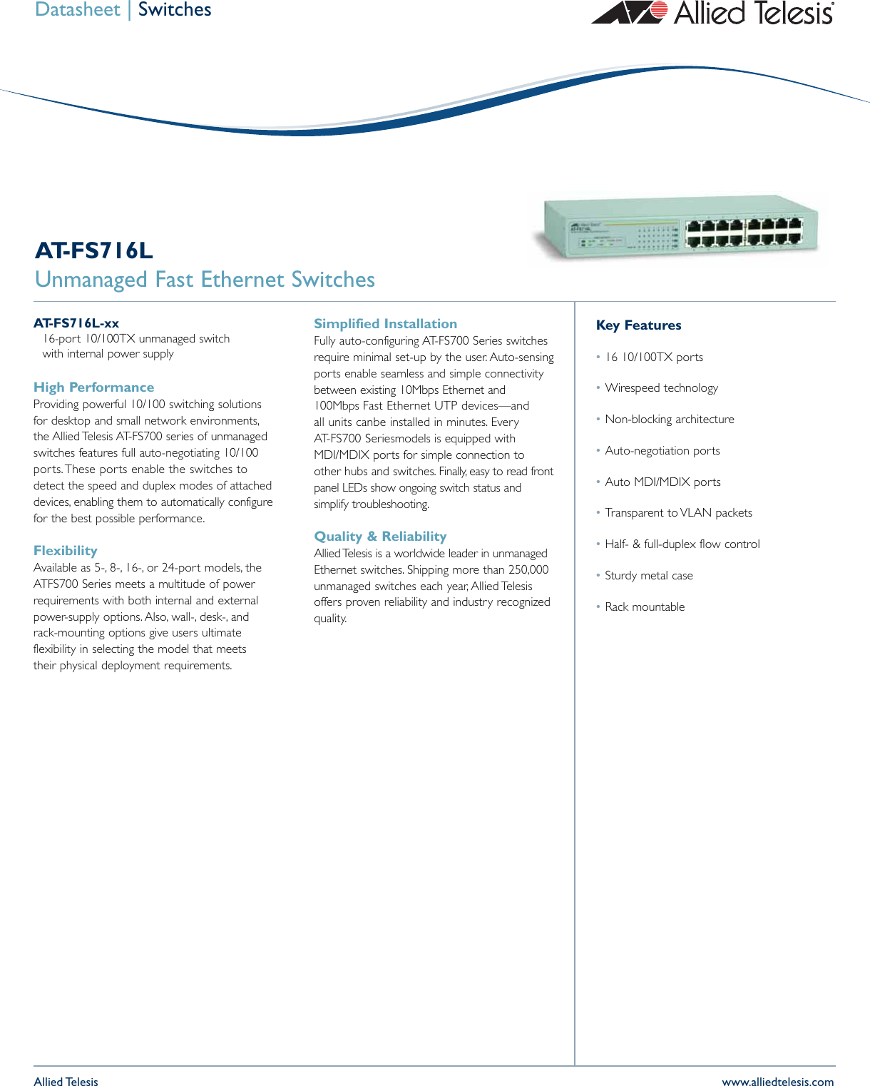 Page 1 of 2 - Allied-Telesis Allied-Telesis-At-Fs716L-Users-Manual- Allied Telesyn FS700 Series Datasheet  Allied-telesis-at-fs716l-users-manual
