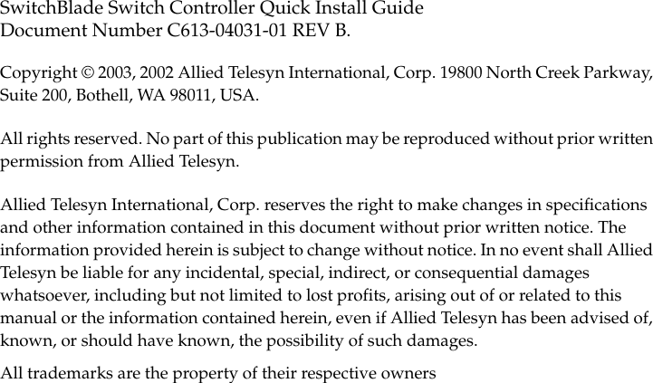 Page 2 of 12 - Allied-Telesis Allied-Telesis-Switch-Controller-Users-Manual- SwitchBlade Switch Controller Quick Install Guide  Allied-telesis-switch-controller-users-manual