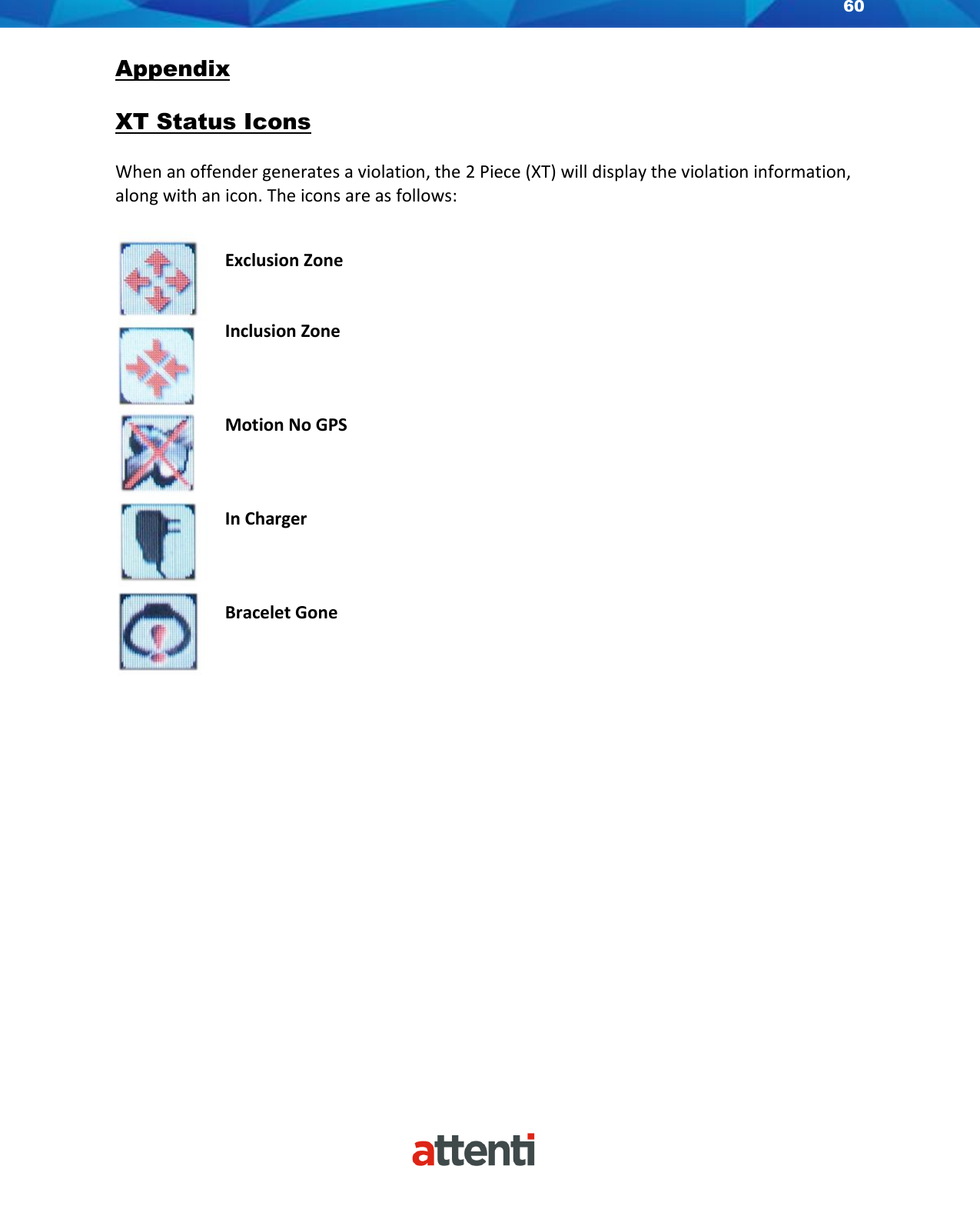 60    Appendix  XT Status Icons  When an offender generates a violation, the 2 Piece (XT) will display the violation information, along with an icon. The icons are as follows:    Exclusion Zone   Inclusion Zone    Motion No GPS    In Charger    Bracelet Gone                  
