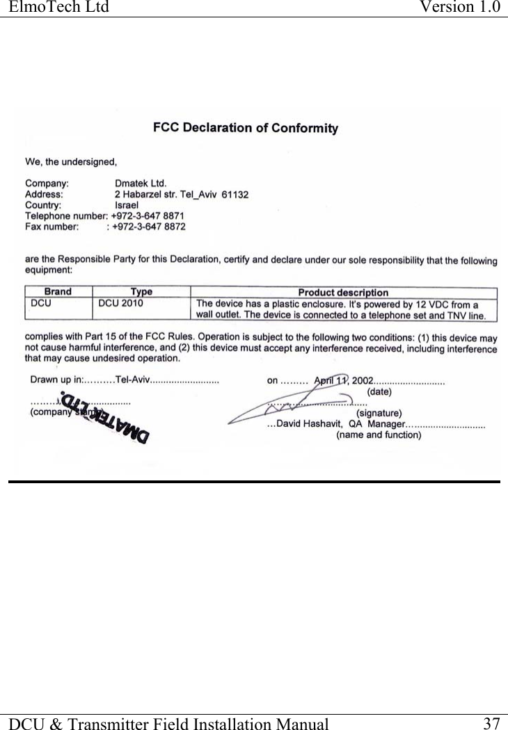 ElmoTech Ltd  Version 1.0                                                                            DCU &amp; Transmitter Field Installation Manual    37 