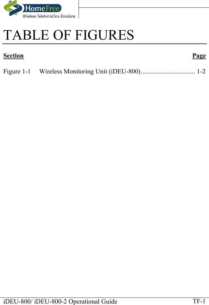    iDEU-800/ iDEU-800-2 Operational Guide    TF-1TABLE OF FIGURES  Section Page   Figure  1-1 Wireless Monitoring Unit (iDEU-800)................................. 1-2       