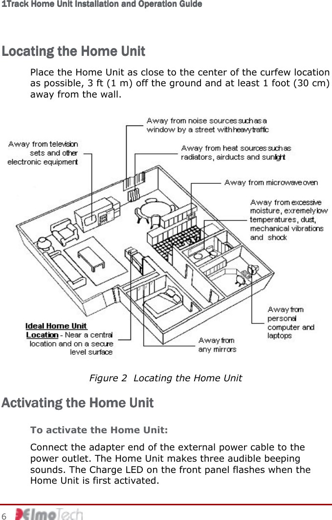 1Track Home1Track Home1Track Home1Track Home    UUUUnit Installation and Operationnit Installation and Operationnit Installation and Operationnit Installation and Operation G G G Guideuideuideuide        6    Locating the Home UnitLocating the Home UnitLocating the Home UnitLocating the Home Unit    Place the Home Unit as close to the center of the curfew location as possible, 3 ft (1 m) off the ground and at least 1 foot (30 cm) away from the wall.  Figure 2  Locating the Home Unit Activating the Home UnitActivating the Home UnitActivating the Home UnitActivating the Home Unit    To activate the Home Unit: Connect the adapter end of the external power cable to the power outlet. The Home Unit makes three audible beeping sounds. The Charge LED on the front panel flashes when the Home Unit is first activated. 