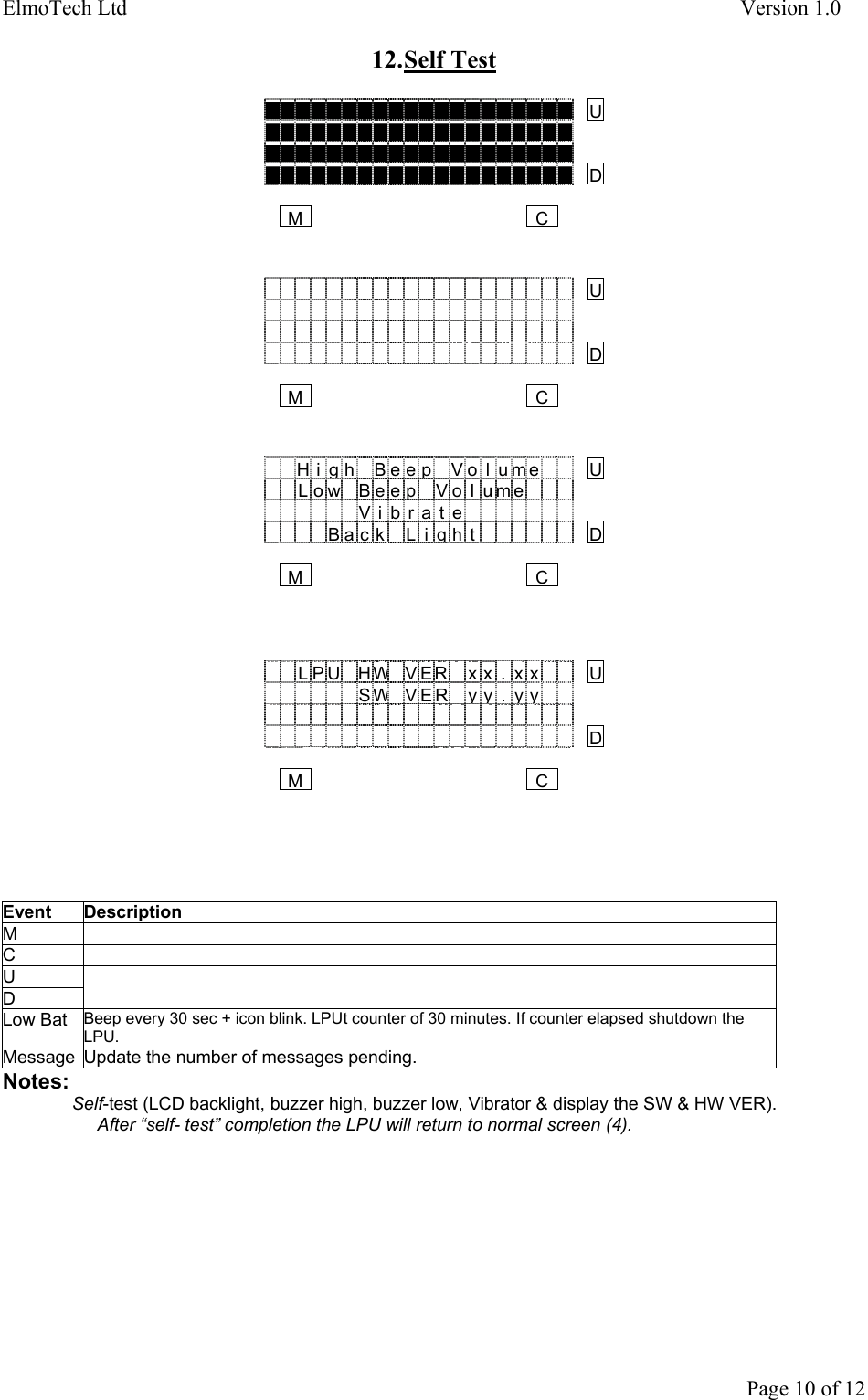 ElmoTech Ltd    Version 1.0      Page 10 of 12 12. Self Test       JJJJJJJJJJJJJJJJJJJJUJJJJJJJJJJJJJJJJJJJJJJJJJJJJJJJJJJJJJJJJJJJJJJJJJJJJJJJJJJJJDMC   U   DMC  HighBeepVo l ume U LowBeepVo l umeVibrateBac k L ight DMC   LPU HWVER x x . x x USWVERyy.yyDMC        Event Description M  C  U D   Low Bat  Beep every 30 sec + icon blink. LPUt counter of 30 minutes. If counter elapsed shutdown the LPU. Message  Update the number of messages pending. Notes:    Self-test (LCD backlight, buzzer high, buzzer low, Vibrator &amp; display the SW &amp; HW VER).                     After “self- test” completion the LPU will return to normal screen (4).   