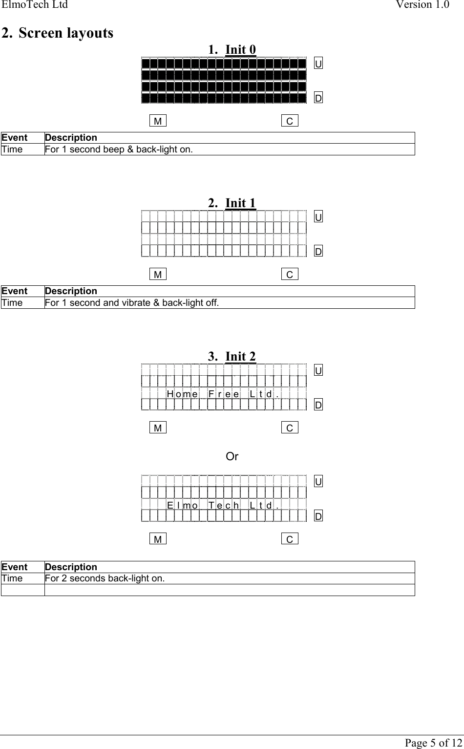 ElmoTech Ltd    Version 1.0      Page 5 of 12 2. Screen layouts 1. Init 0 JJJJJJJJJJJJJJJJJJJJUJJJJJJJJJJJJJJJJJJJJJJJJJJJJJJJJJJJJJJJJJJJJJJJJJJJJJJJJJJJJDMC Event Description Time  For 1 second beep &amp; back-light on.    2. Init 1  U   DMC Event Description Time  For 1 second and vibrate &amp; back-light off.    3. Init 2 UHome Free Ltd.DMC Or  UElmo Tech Ltd.DMC   Event Description Time  For 2 seconds back-light on.    