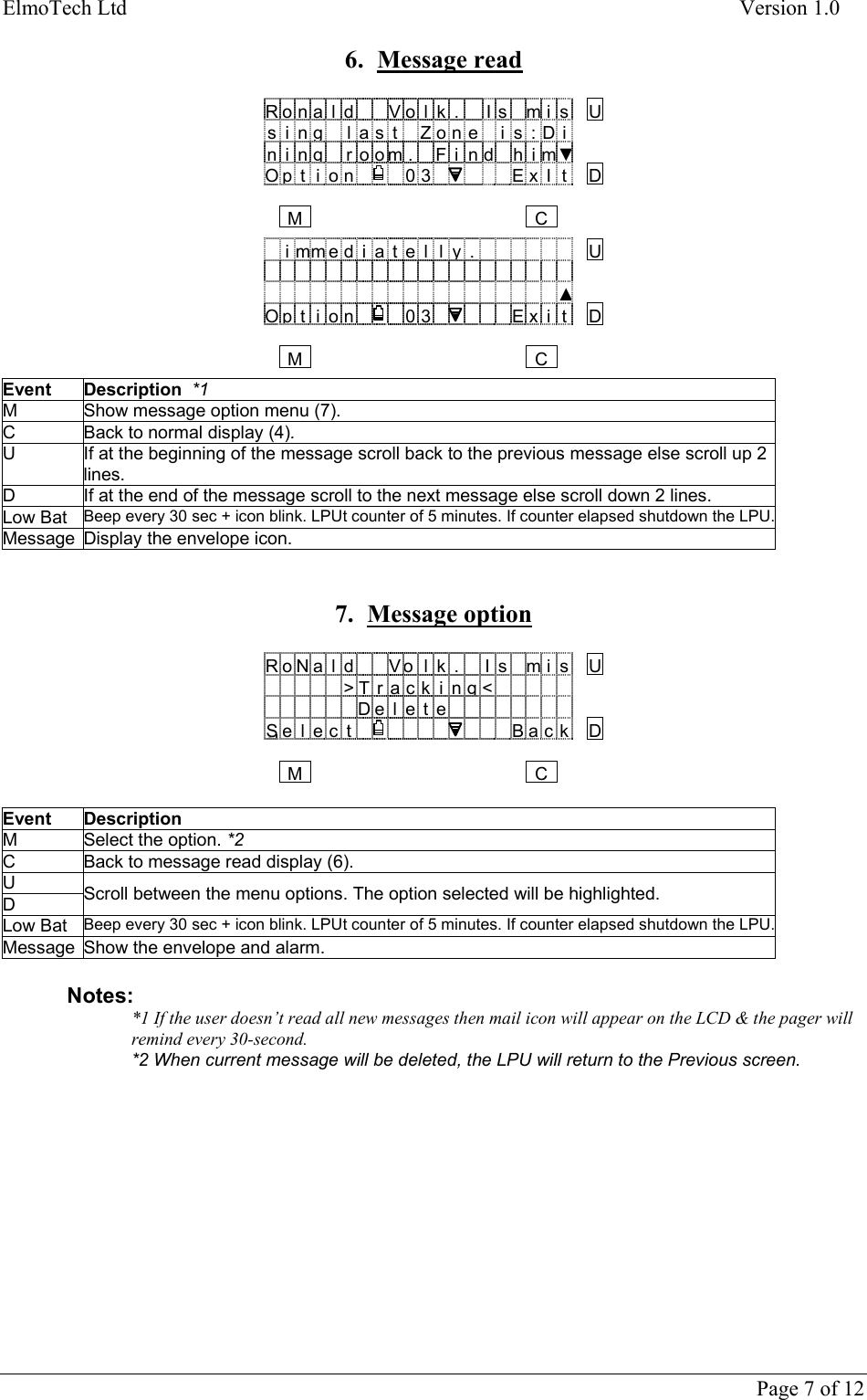 ElmoTech Ltd    Version 1.0      Page 7 of 12 6. Message read  Rona l d Vo l k . I s mi s Usinglast Zone is:Diningroom. F i nd h im▼Option 03 ExIt DMC immed i ate l ly.U▲Option 03 Exit DMC Event Description  *1 M  Show message option menu (7). C  Back to normal display (4).  U  If at the beginning of the message scroll back to the previous message else scroll up 2 lines. D  If at the end of the message scroll to the next message else scroll down 2 lines. Low Bat  Beep every 30 sec + icon blink. LPUt counter of 5 minutes. If counter elapsed shutdown the LPU.Message  Display the envelope icon.   7. Message option  RoNa l d Vo l k . I s mi s U&gt;Track i ng&lt;De l e t eSelelect Back DMC Event Description M Select the option. *2 C  Back to message read display (6).  U D  Scroll between the menu options. The option selected will be highlighted. Low Bat  Beep every 30 sec + icon blink. LPUt counter of 5 minutes. If counter elapsed shutdown the LPU.Message  Show the envelope and alarm.   Notes: *1 If the user doesn’t read all new messages then mail icon will appear on the LCD &amp; the pager will remind every 30-second.   *2 When current message will be deleted, the LPU will return to the Previous screen.        