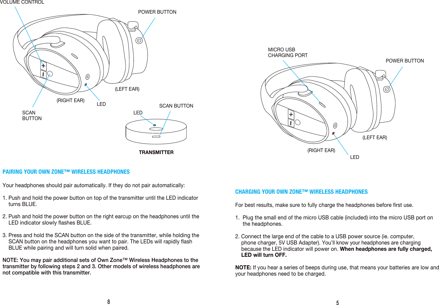 CHARGING YOUR OWN ZONE&trade; WIRELESS HEADPHONESFor best results, make sure to fully charge the headphones before first use.1.  Plug the small end of the micro USB cable (included) into the micro USB port on      the headphones.2. Connect the large end of the cable to a USB power source (ie. computer,      phone charger, 5V USB Adapter). You&rsquo;ll know your headphones are charging     because the LED indicator will power on. When headphones are fully charged,     LED will turn OFF.NOTE: If you hear a series of beeps during use, that means your batteries are low and your headphones need to be charged.5MICRO USBCHARGING PORT(RIGHT EAR)(LEFT EAR)LEDPOWER BUTTON8PAIRING YOUR OWN ZONE&trade; WIRELESS HEADPHONESYour headphones should pair automatically. If they do not pair automatically:1. Push and hold the power button on top of the transmitter until the LED indicator     turns BLUE.2. Push and hold the power button on the right earcup on the headphones until the     LED indicator slowly flashes BLUE.3. Press and hold the SCAN button on the side of the transmitter, while holding the     SCAN button on the headphones you want to pair. The LEDs will rapidly flash     BLUE while pairing and will turn solid when paired.NOTE: You may pair additional sets of Own Zone&trade; Wireless Headphones to the transmitter by following steps 2 and 3. Other models of wireless headphones are not compatible with this transmitter. (RIGHT EAR)(LEFT EAR)TRANSMITTERLEDLEDPOWER BUTTONSCAN BUTTONSCANBUTTONVOLUME CONTROL