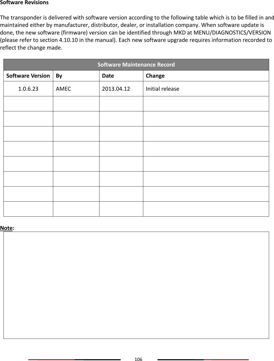 106  Software Revisions  The transponder is delivered with software version according to the following table which is to be filled in and maintained either by manufacturer, distributor, dealer, or installation company. When software update is done, the new software (firmware) version can be identified through MKD at MENU/DIAGNOSTICS/VERSION (please refer to section 4.10.10 in the manual). Each new software upgrade requires information recorded to reflect the change made.   Note:   Software Maintenance Record Software Version By Date Change 1.0.6.23 AMEC 2013.04.12 Initial release                                 
