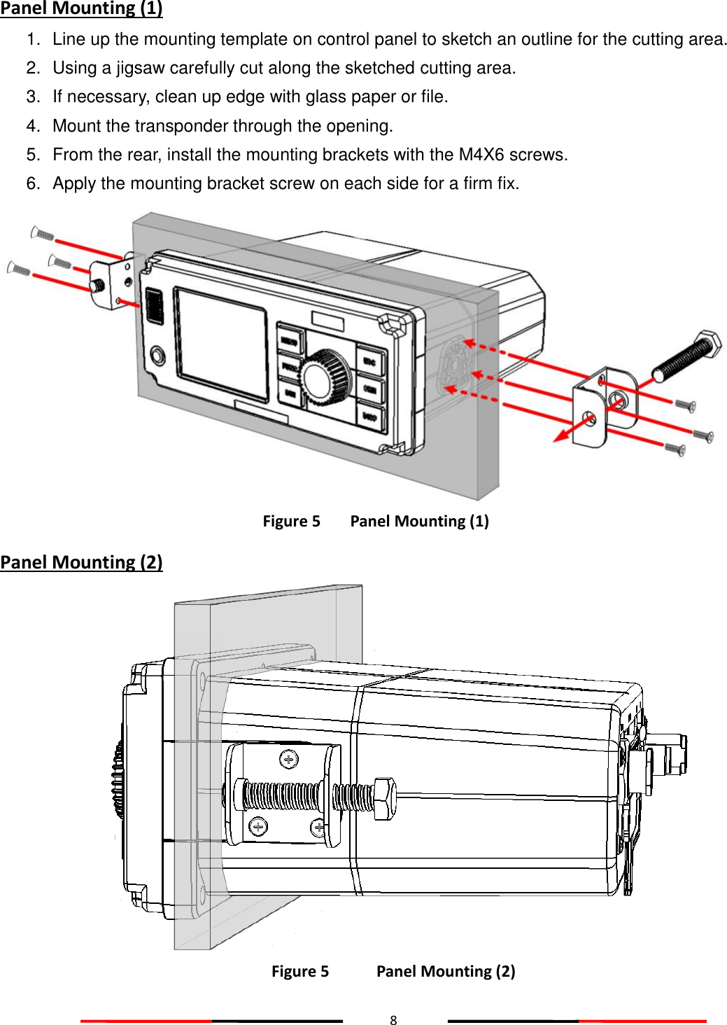 8  Panel Mounting (1) 1.  Line up the mounting template on control panel to sketch an outline for the cutting area.   2.  Using a jigsaw carefully cut along the sketched cutting area.  3.  If necessary, clean up edge with glass paper or file. 4.  Mount the transponder through the opening. 5.  From the rear, install the mounting brackets with the M4X6 screws. 6.  Apply the mounting bracket screw on each side for a firm fix.  Figure 5   Panel Mounting (1) Panel Mounting (2)  Figure 5    Panel Mounting (2)   