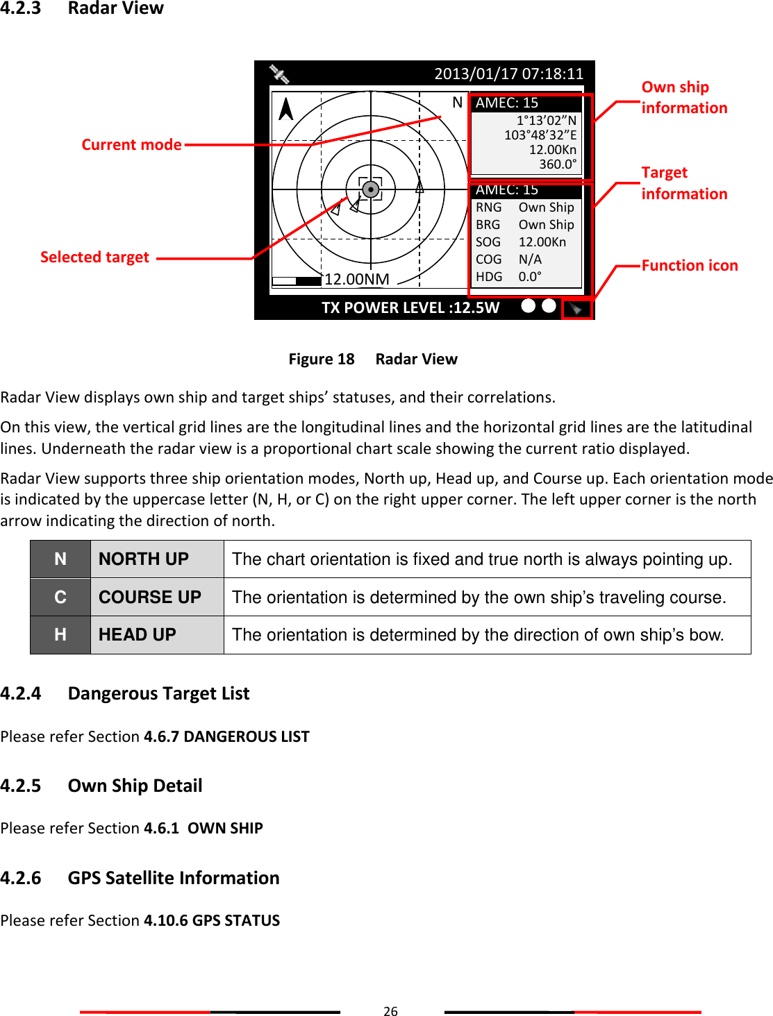 26  4.2.3 Radar View  Figure 18   Radar View Radar View displays own ship and target ships’ statuses, and their correlations.  On this view, the vertical grid lines are the longitudinal lines and the horizontal grid lines are the latitudinal lines. Underneath the radar view is a proportional chart scale showing the current ratio displayed. Radar View supports three ship orientation modes, North up, Head up, and Course up. Each orientation mode is indicated by the uppercase letter (N, H, or C) on the right upper corner. The left upper corner is the north arrow indicating the direction of north. N NORTH UP The chart orientation is fixed and true north is always pointing up. C COURSE UP The orientation is determined by the own ship’s traveling course. H HEAD UP The orientation is determined by the direction of own ship’s bow. 4.2.4 Dangerous Target List Please refer Section 4.6.7 DANGEROUS LIST 4.2.5 Own Ship Detail Please refer Section 4.6.1  OWN SHIP 4.2.6 GPS Satellite Information Please refer Section 4.10.6 GPS STATUS   1°13’02”N 103°48’32”E 12.00Kn 360.0° 2013/01/17 07:18:11 TX POWER LEVEL :12.5W AMEC: 15 RNG BRG SOG COG HDG AMEC: 15 N 12.00NM Own Ship Own Ship 12.00Kn N/A 0.0° Current mode  Selected target Own ship information  Target information  Function icon  