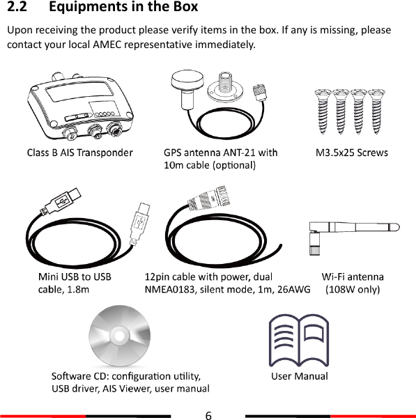  6  2.2 Equipments in the Box   Upon receiving the product please verify items in the box. If any is missing, please contact your local AMEC representative immediately.  