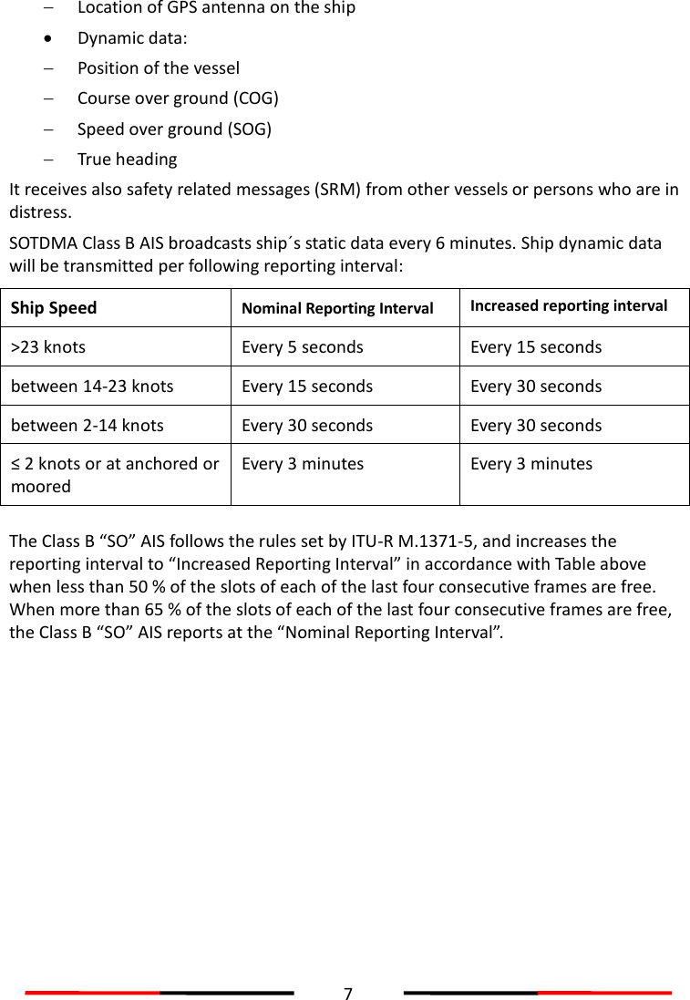  7   Location of GPS antenna on the ship  Dynamic data:    Position of the vessel  Course over ground (COG)  Speed over ground (SOG)  True heading It receives also safety related messages (SRM) from other vessels or persons who are in distress.   SOTDMA Class B AIS broadcasts ship´s  static data every 6 minutes. Ship dynamic data will be transmitted per following reporting interval: Ship Speed Nominal Reporting Interval Increased reporting interval &gt;23 knots Every 5 seconds Every 15 seconds between 14-23 knots Every 15 seconds Every 30 seconds between 2-14 knots   Every 30 seconds Every 30 seconds ≤ 2 knots or at anchored or moored   Every 3 minutes Every 3 minutes    The Class B “SO” AIS follows the rules set by ITU-R M.1371-5, and increases the reporting interval to “Increased Reporting Interval” in accordance with Table above when less than 50 % of the slots of each of the last four consecutive frames are free. When more than 65 % of the slots of each of the last four consecutive frames are free, the Class B “SO” AIS reports at the “Nominal Reporting Interval”.   