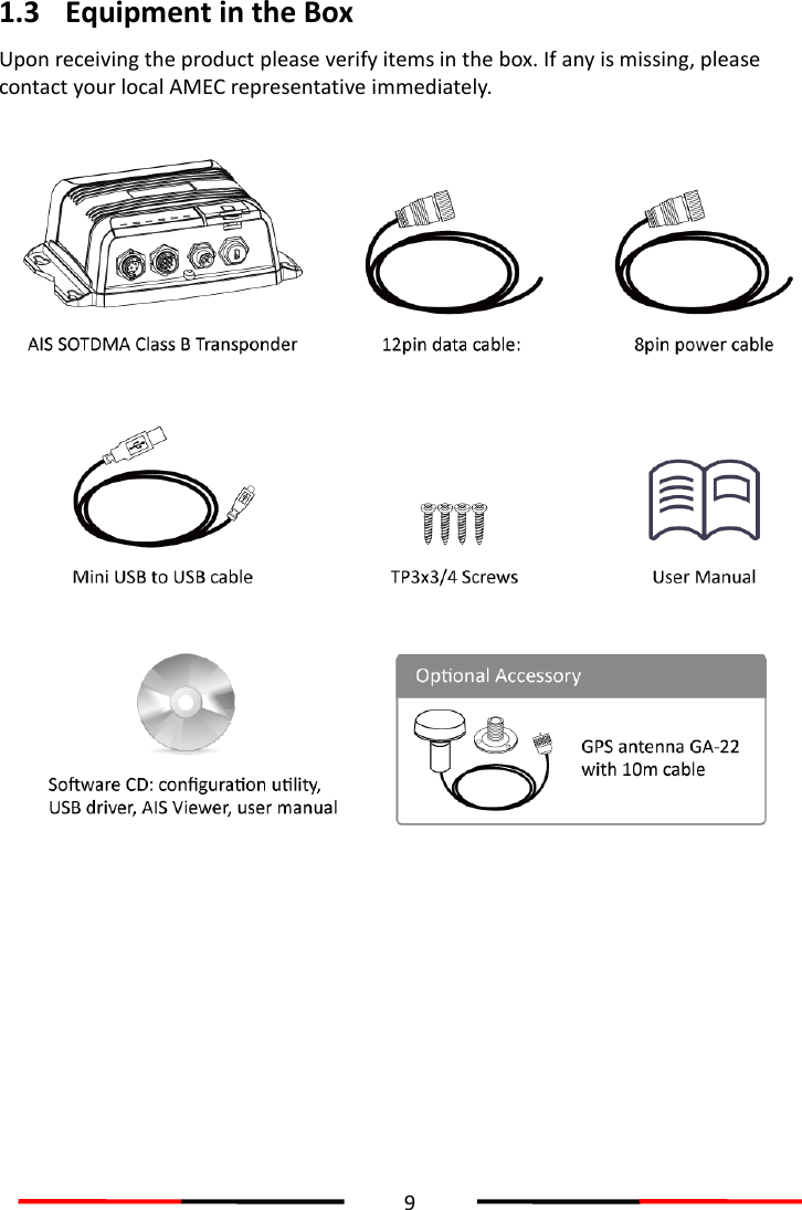  9  1.3 Equipment in the Box   Upon receiving the product please verify items in the box. If any is missing, please contact your local AMEC representative immediately.        