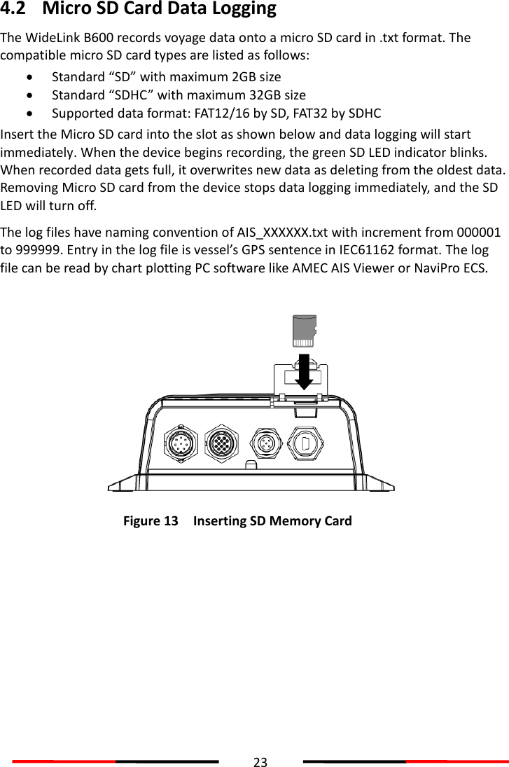  23  4.2 Micro SD Card Data Logging The WideLink B600 records voyage data onto a micro SD card in .txt format. The compatible micro SD card types are listed as follows:    Standard “SD” with maximum 2GB size  Standard “SDHC” with maximum 32GB size  Supported data format: FAT12/16 by SD, FAT32 by SDHC Insert the Micro SD card into the slot as shown below and data logging will start immediately. When the device begins recording, the green SD LED indicator blinks.   When recorded data gets full, it overwrites new data as deleting from the oldest data. Removing Micro SD card from the device stops data logging immediately, and the SD LED will turn off.   The log files have naming convention of AIS_XXXXXX.txt with increment from 000001 to 999999. Entry in the log file is vessel’s GPS sentence in IEC61162 format. The log file can be read by chart plotting PC software like AMEC AIS Viewer or NaviPro ECS.     Figure 13 Inserting SD Memory Card     
