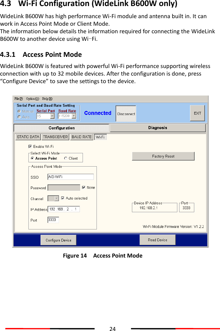  24  4.3 Wi-Fi Configuration (WideLink B600W only) WideLink B600W has high performance Wi-Fi module and antenna built in. It can work in Access Point Mode or Client Mode. The information below details the information required for connecting the WideLink B600W to another device using Wi-Fi.  4.3.1 Access Point Mode WideLink B600W is featured with powerful Wi-Fi performance supporting wireless connection with up to 32 mobile devices. After the configuration is done, press “Configure Device” to save the settings to the device.   Figure 14 Access Point Mode 