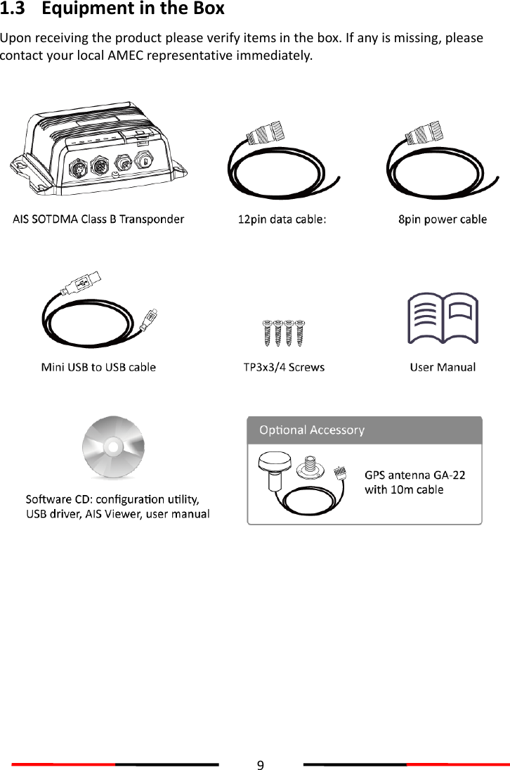  9  1.3 Equipment in the Box   Upon receiving the product please verify items in the box. If any is missing, please contact your local AMEC representative immediately.        