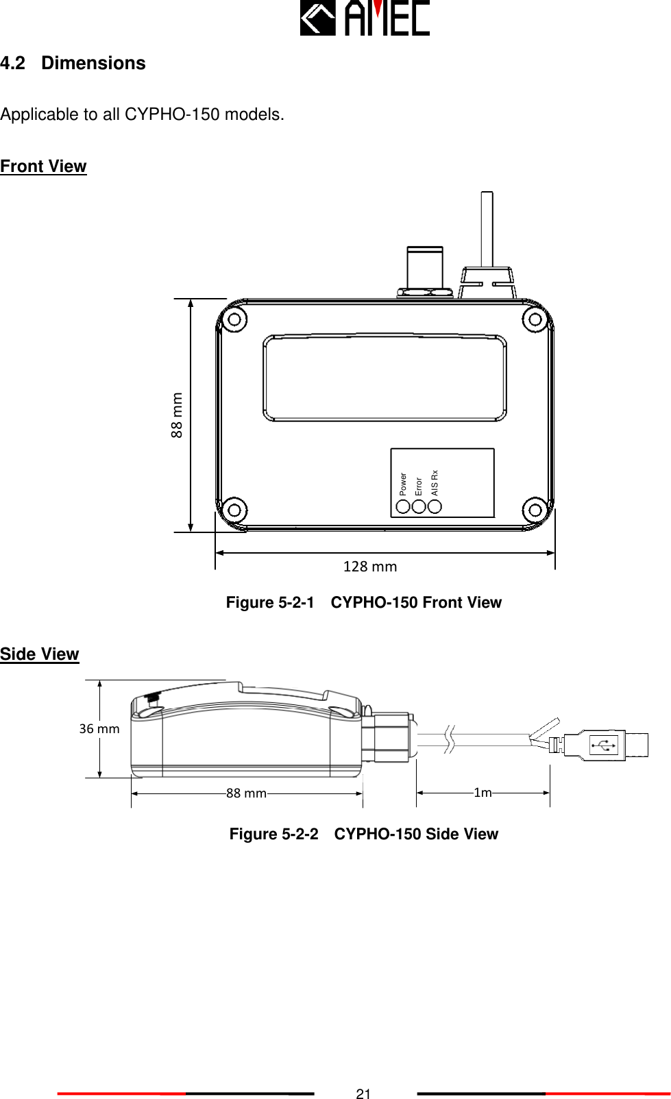   21 4.2  Dimensions  Applicable to all CYPHO-150 models.  Front View  Figure 5-2-1    CYPHO-150 Front View  Side View  Figure 5-2-2    CYPHO-150 Side View    PowerErrorAIS Rx128 mm88 mm36 mm88 mm 1m