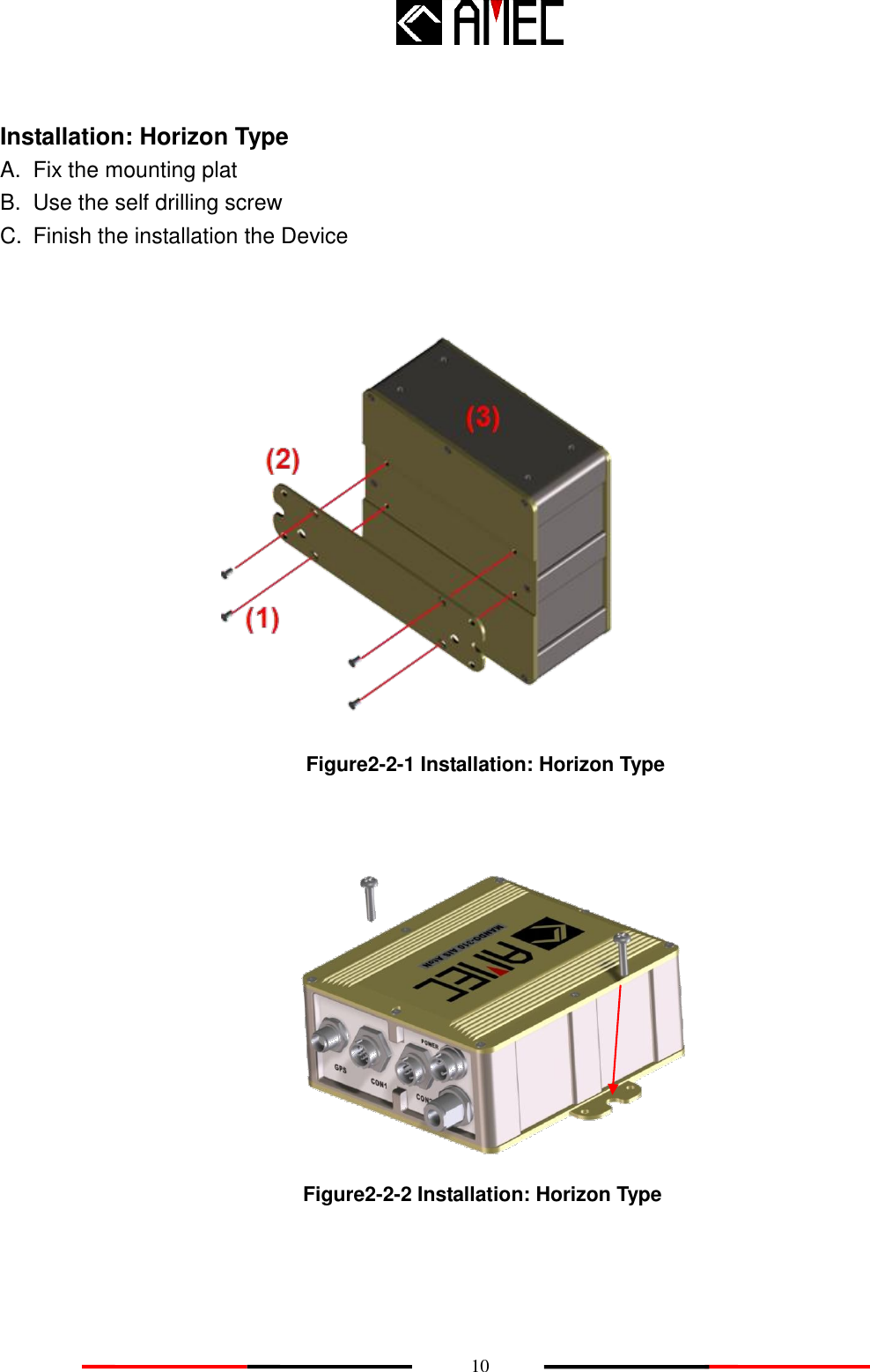    10  Installation: Horizon Type A.  Fix the mounting plat B.  Use the self drilling screw C.  Finish the installation the Device                                   Figure2-2-1 Installation: Horizon Type                             Figure2-2-2 Installation: Horizon Type     
